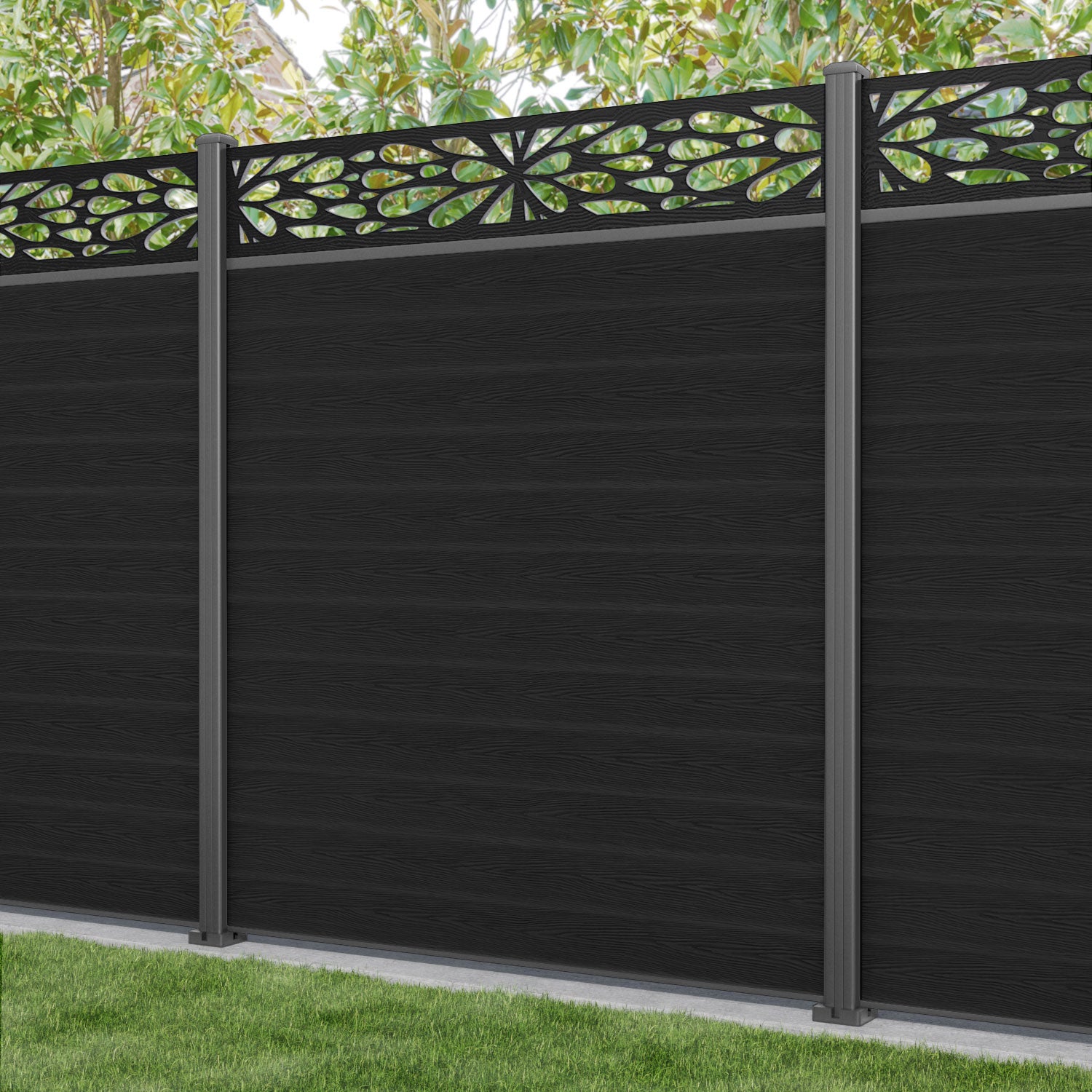 Classic Blossom Fence Panel - Black - with our aluminium posts