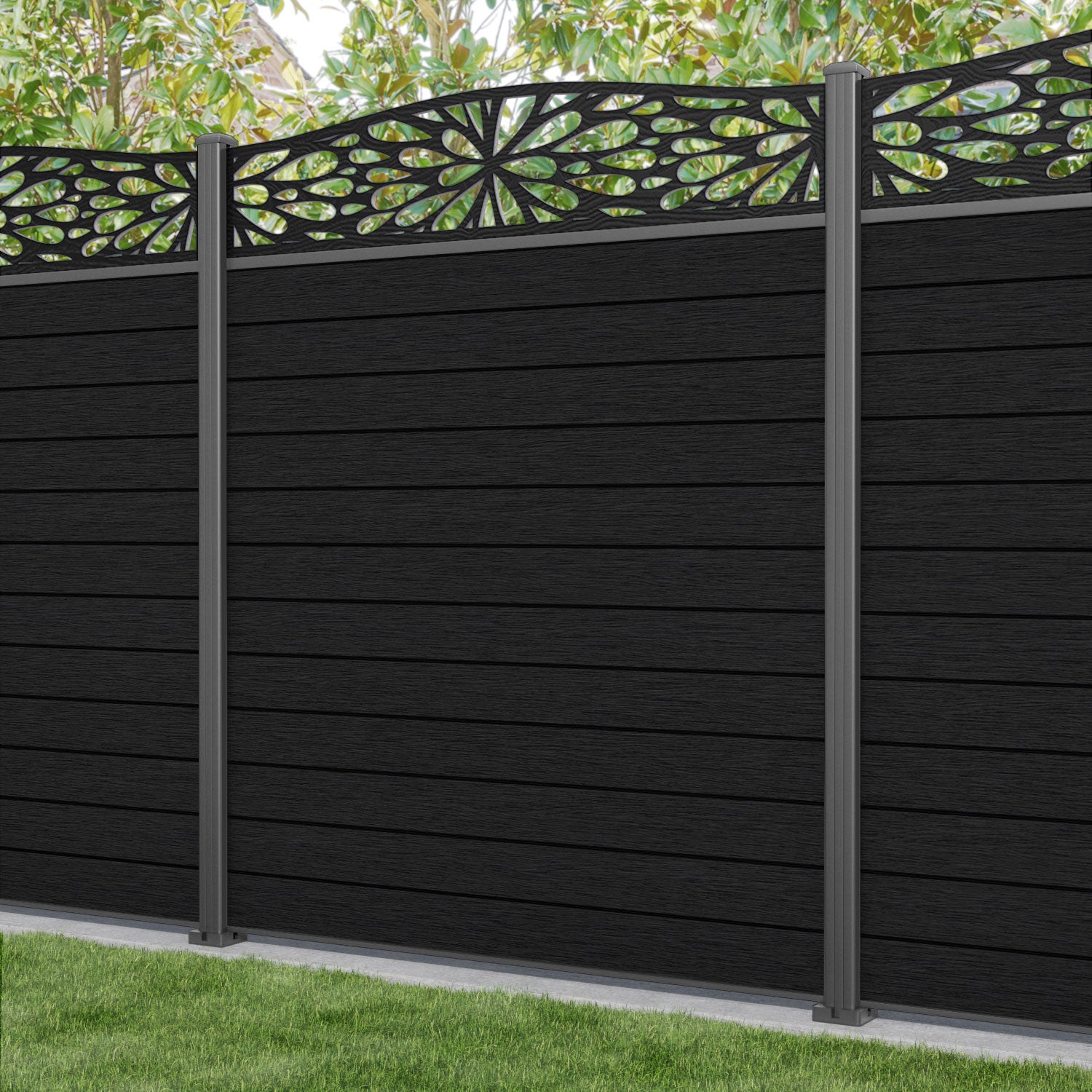 Fusion Blossom Curved Top Fence Panel - Black - with our aluminium posts