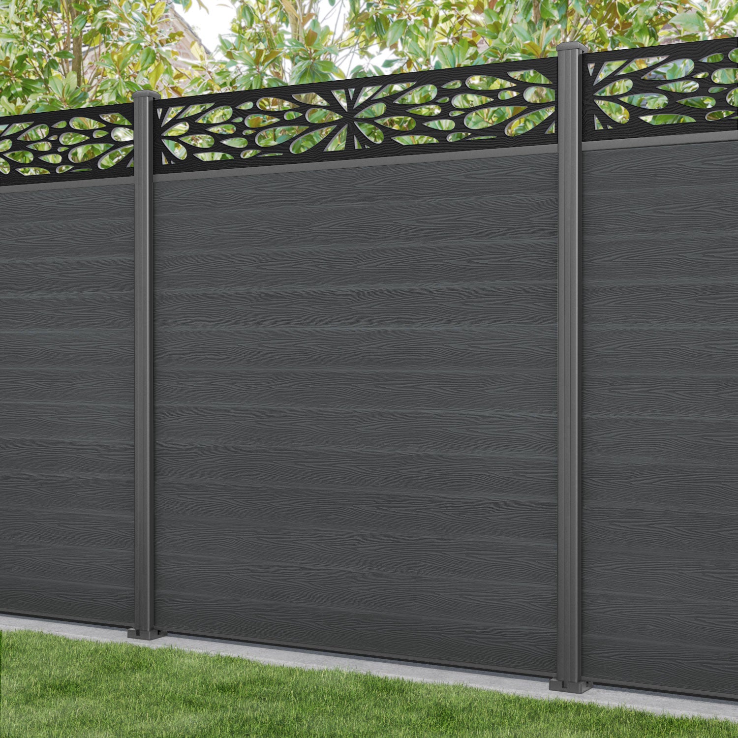Classic Blossom Fence Panel - Dark Grey - with our aluminium posts