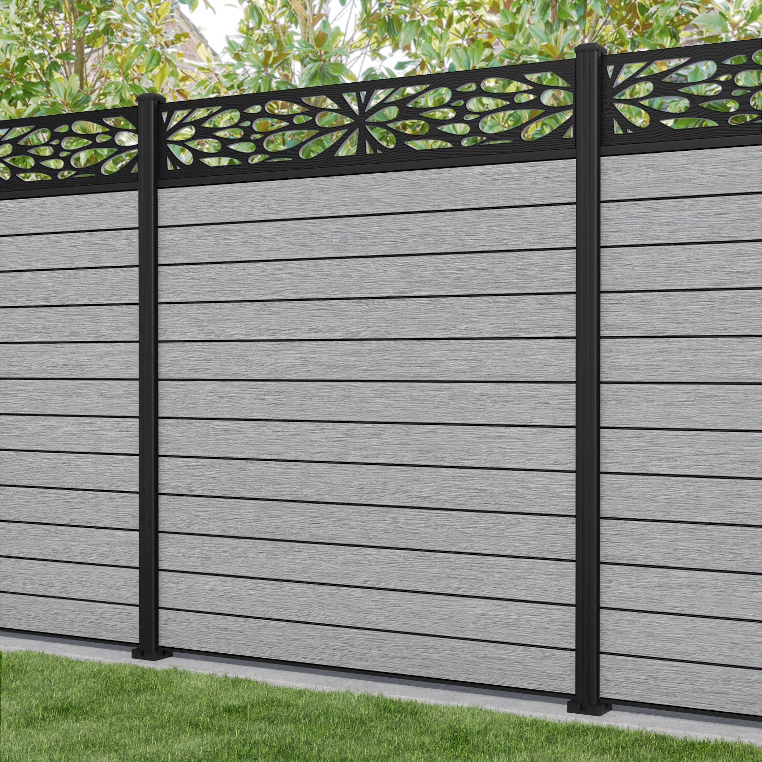 Fusion Blossom Fence Panel - Light Grey - with our aluminium posts