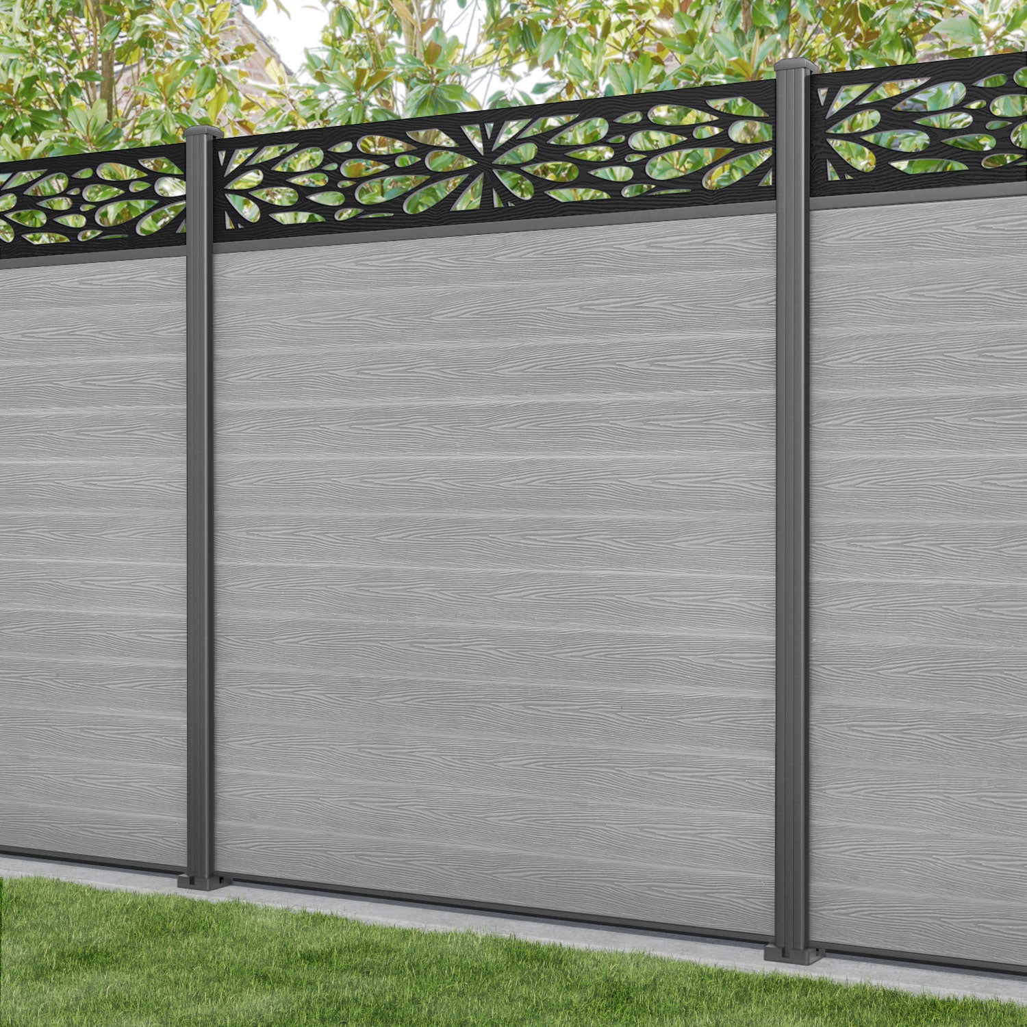 Classic Blossom Fence Panel - Light Grey - with our aluminium posts