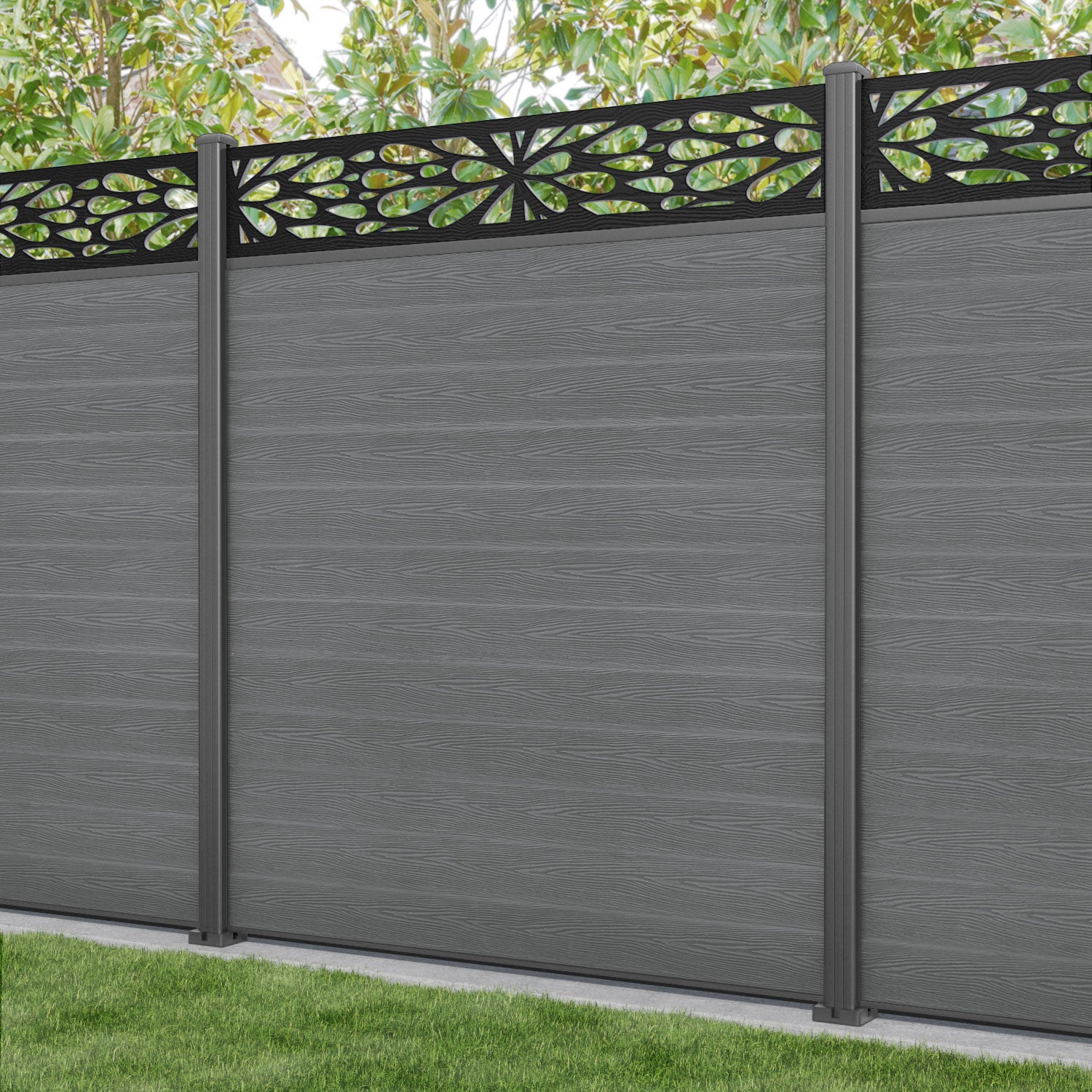 Classic Blossom Fence Panel - Mid Grey - with our aluminium posts