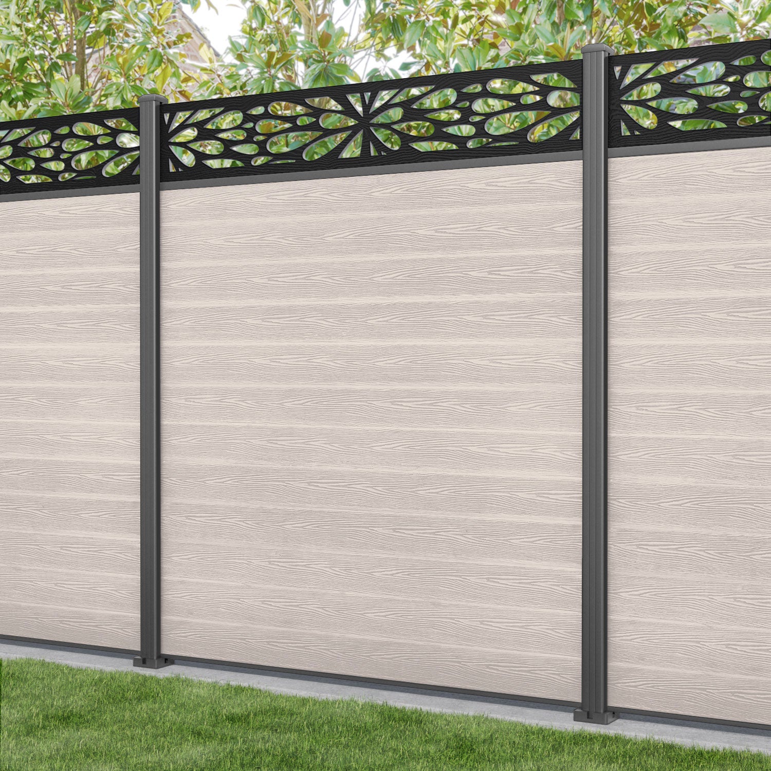 Classic Blossom Fence Panel - Mid Stone - with our aluminium posts