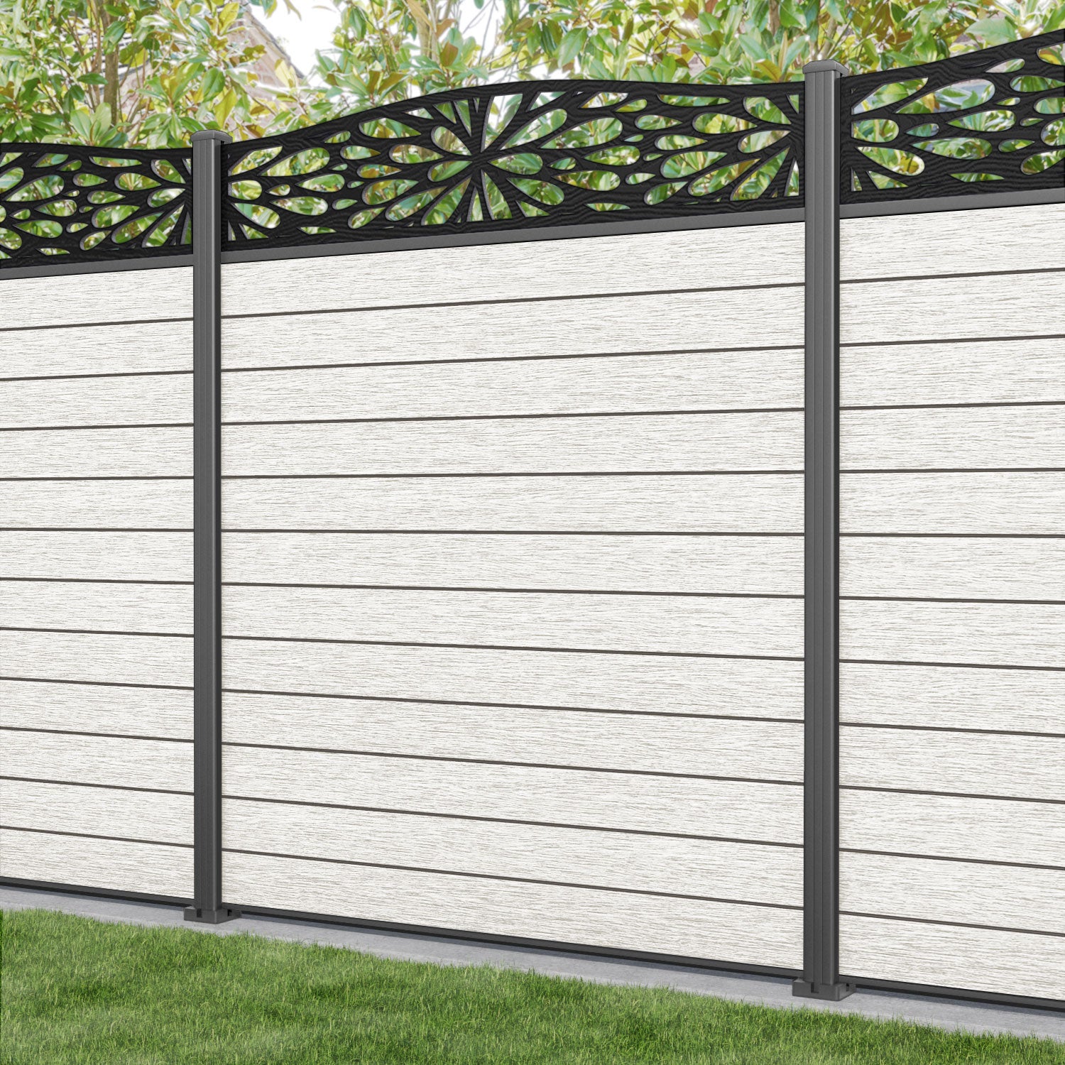 Fusion Blossom Curved Top Fence Panel - Light Stone - with our aluminium posts