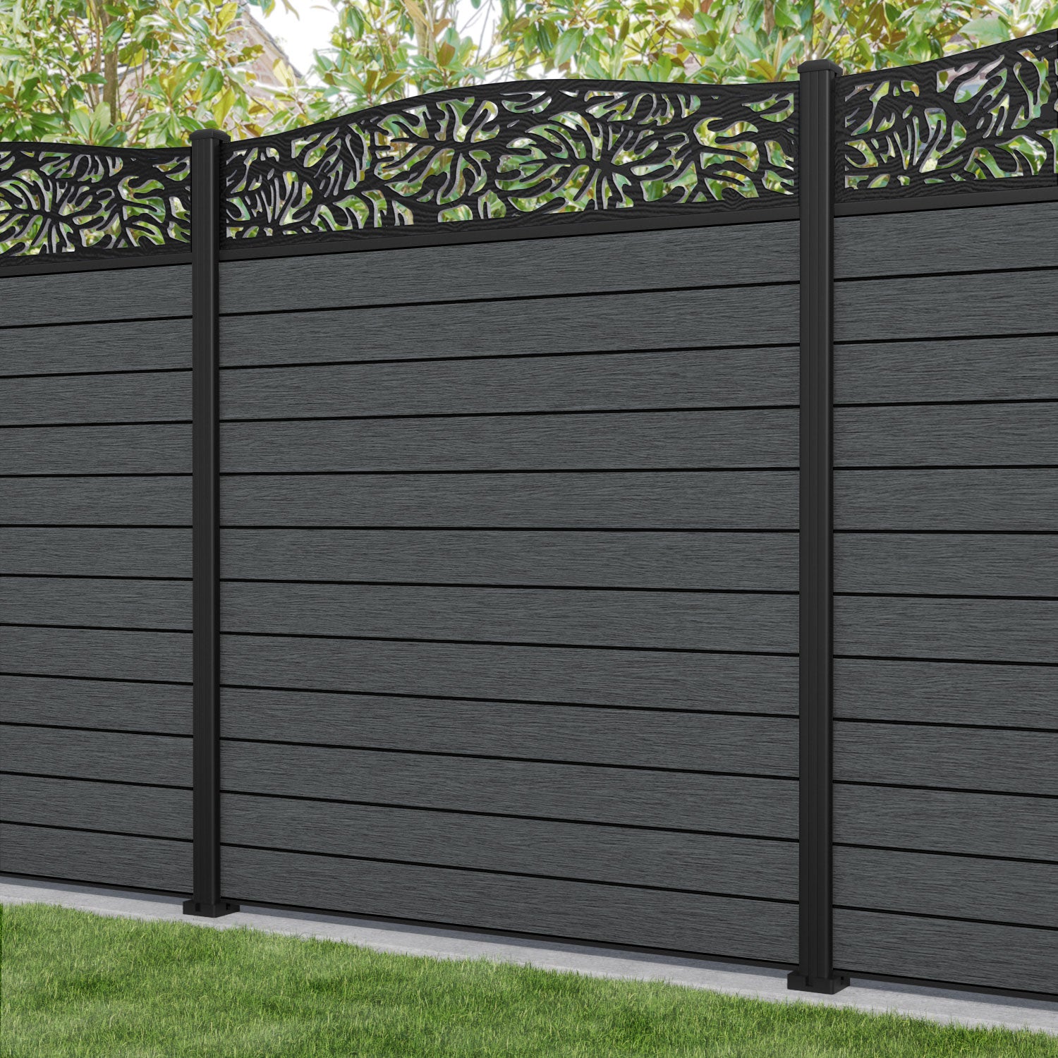 Fusion Botanic Curved Top Fence Panel - Dark Grey - with our aluminium posts