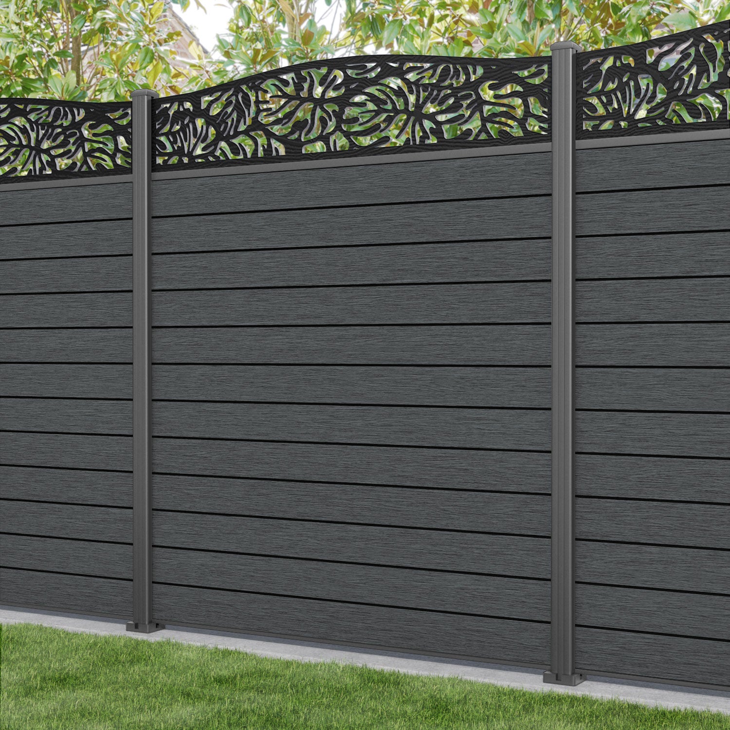 Fusion Botanic Curved Top Fence Panel - Dark Grey - with our aluminium posts