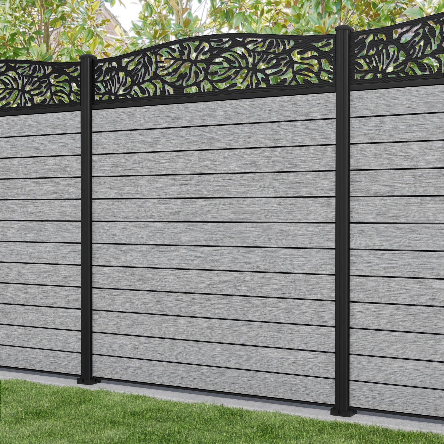 Fusion Botanic Curved Top Fence Panel - Light Grey - with our aluminium posts