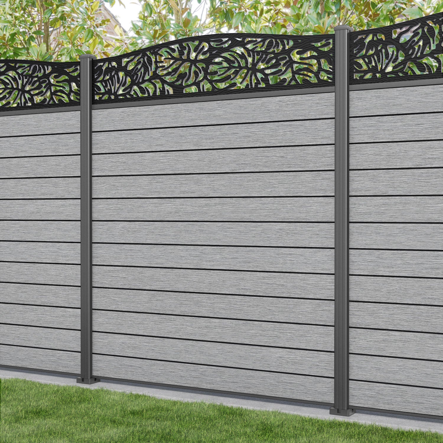 Fusion Botanic Curved Top Fence Panel - Light Grey - with our aluminium posts