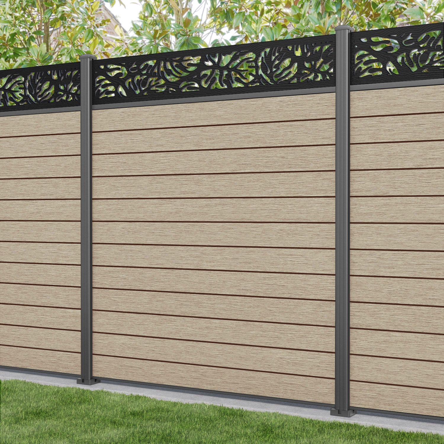 Fusion Botanic Fence Panel - Light Oak - with our aluminium posts
