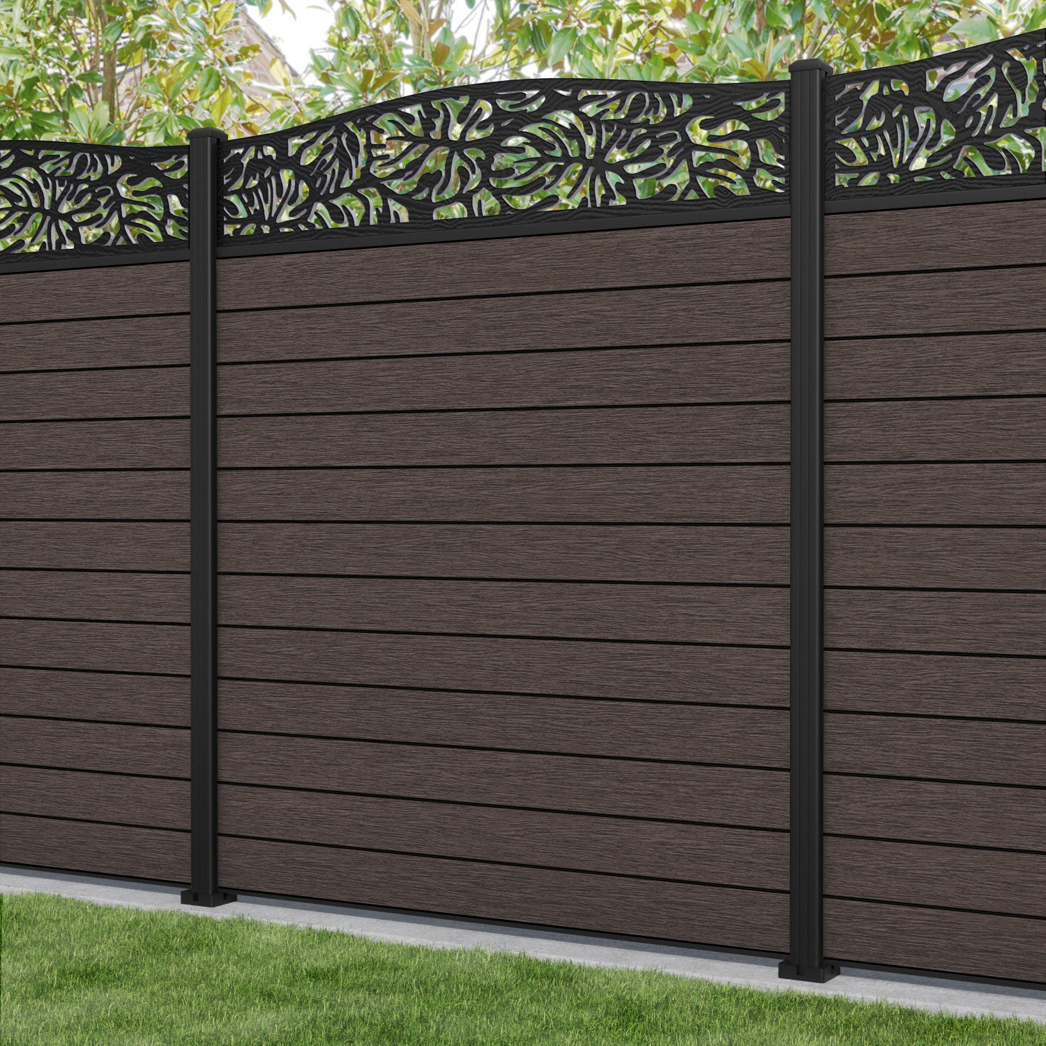 Fusion Botanic Curved Top Fence Panel - Mid Brown - with our aluminium posts