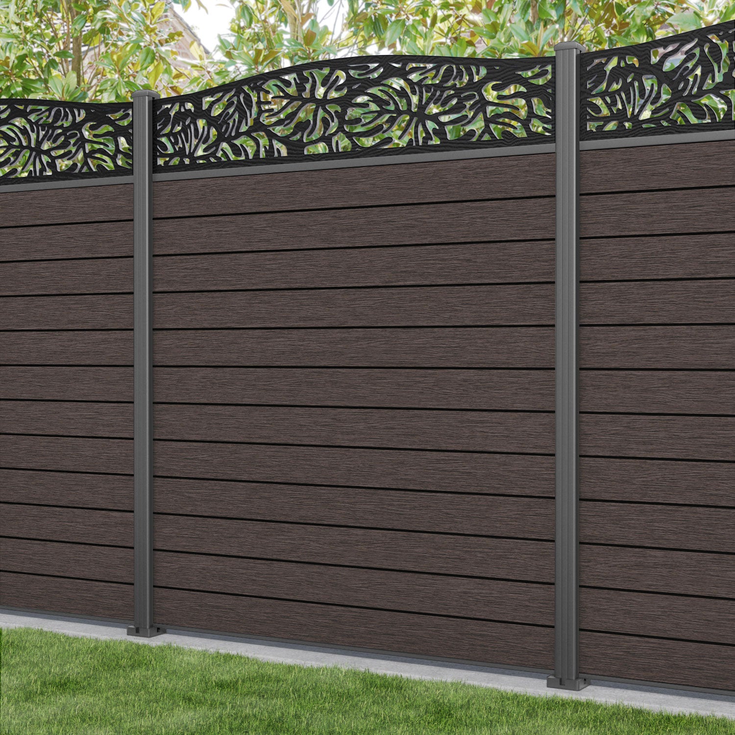 Fusion Botanic Curved Top Fence Panel - Mid Brown - with our aluminium posts