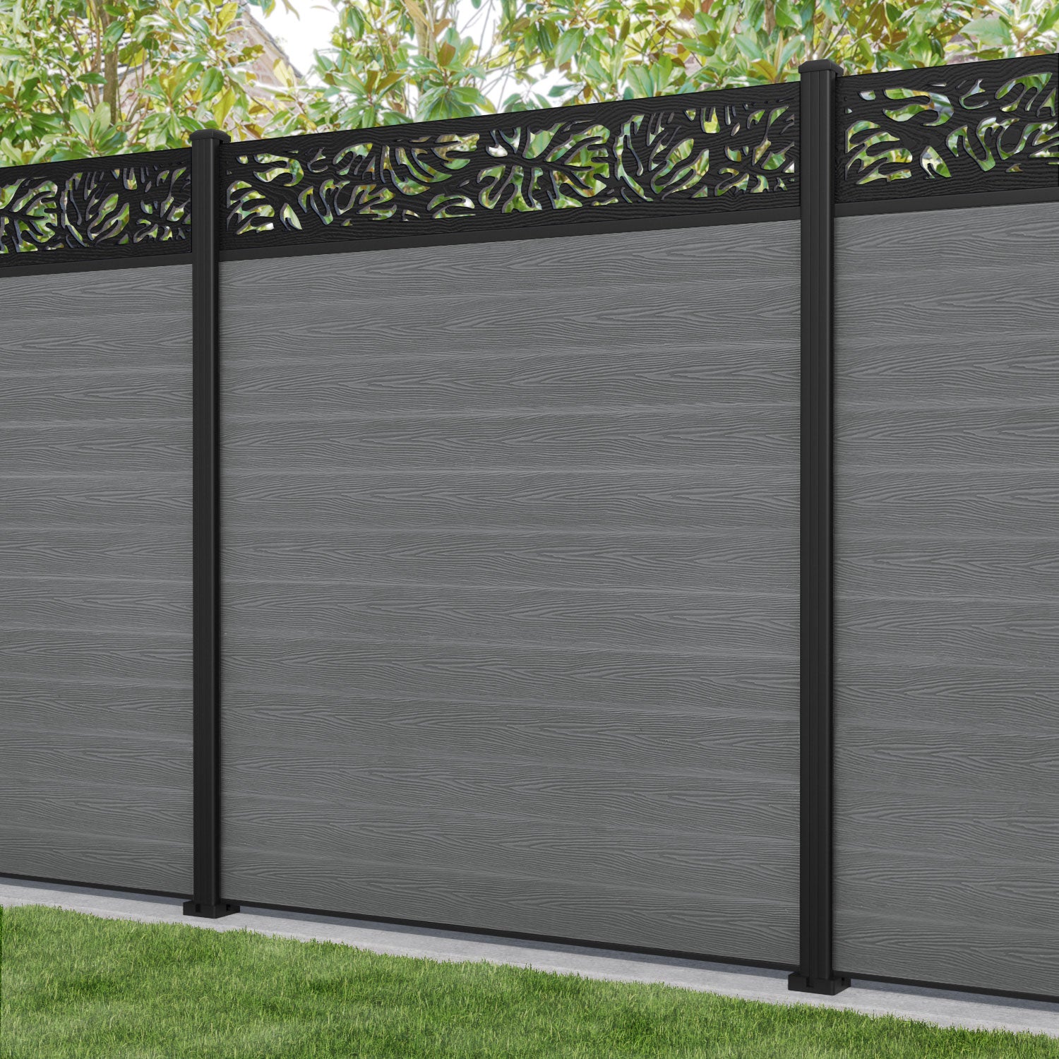 Classic Botanic Fence Panel - Mid Grey - with our aluminium posts