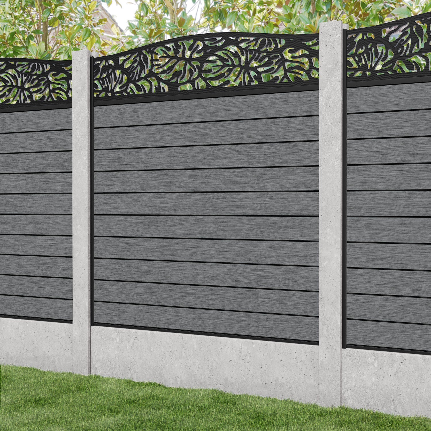Fusion Botanic Curved Top Fence Panel - Mid Grey - for existing concrete posts