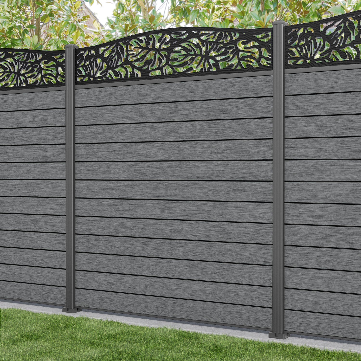 Fusion Botanic Curved Top Fence Panel - Mid Grey - with our aluminium posts