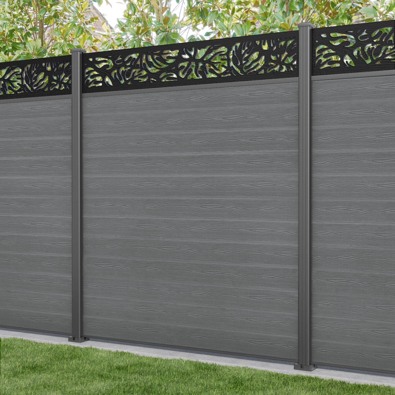 Classic Botanic Fence Panel - Mid Grey - with our aluminium posts