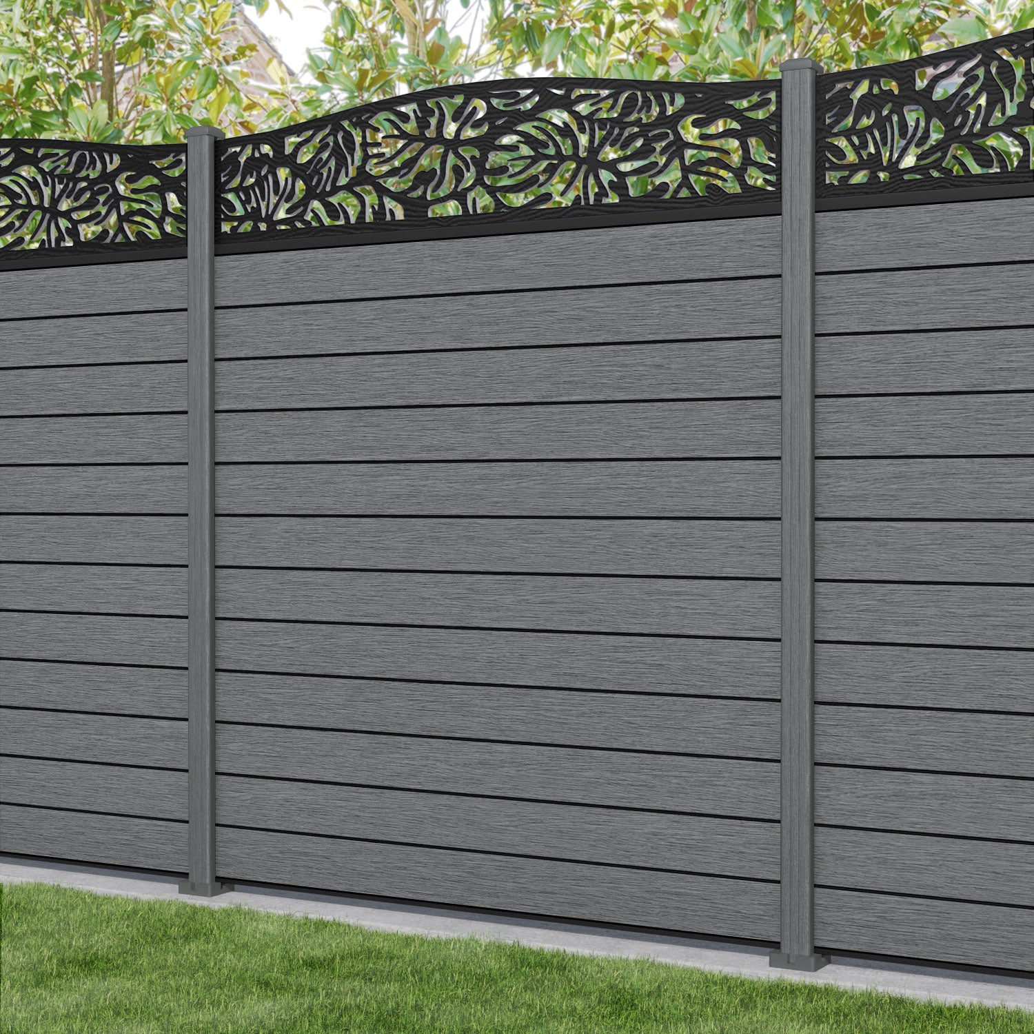 Fusion Botanic Curved Top Fence Panel - Mid Grey - with our composite posts