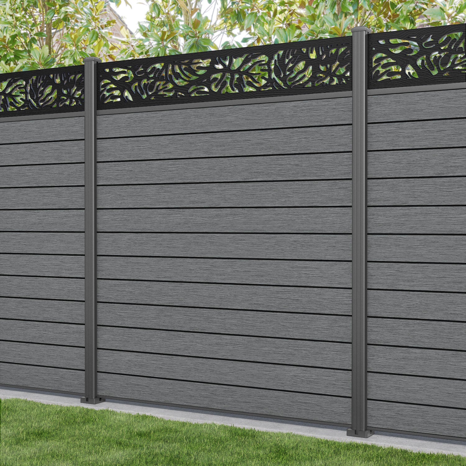 Fusion Botanic Fence Panel - Mid Grey - with our aluminium posts