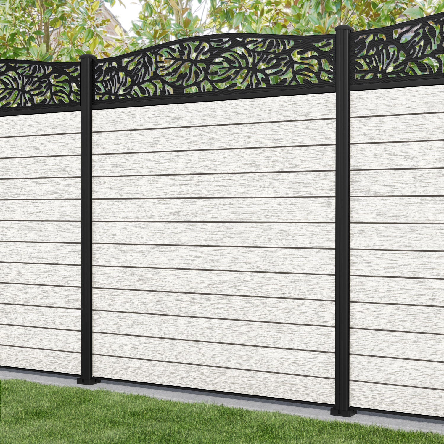 Fusion Botanic Curved Top Fence Panel - Light Stone - with our aluminium posts