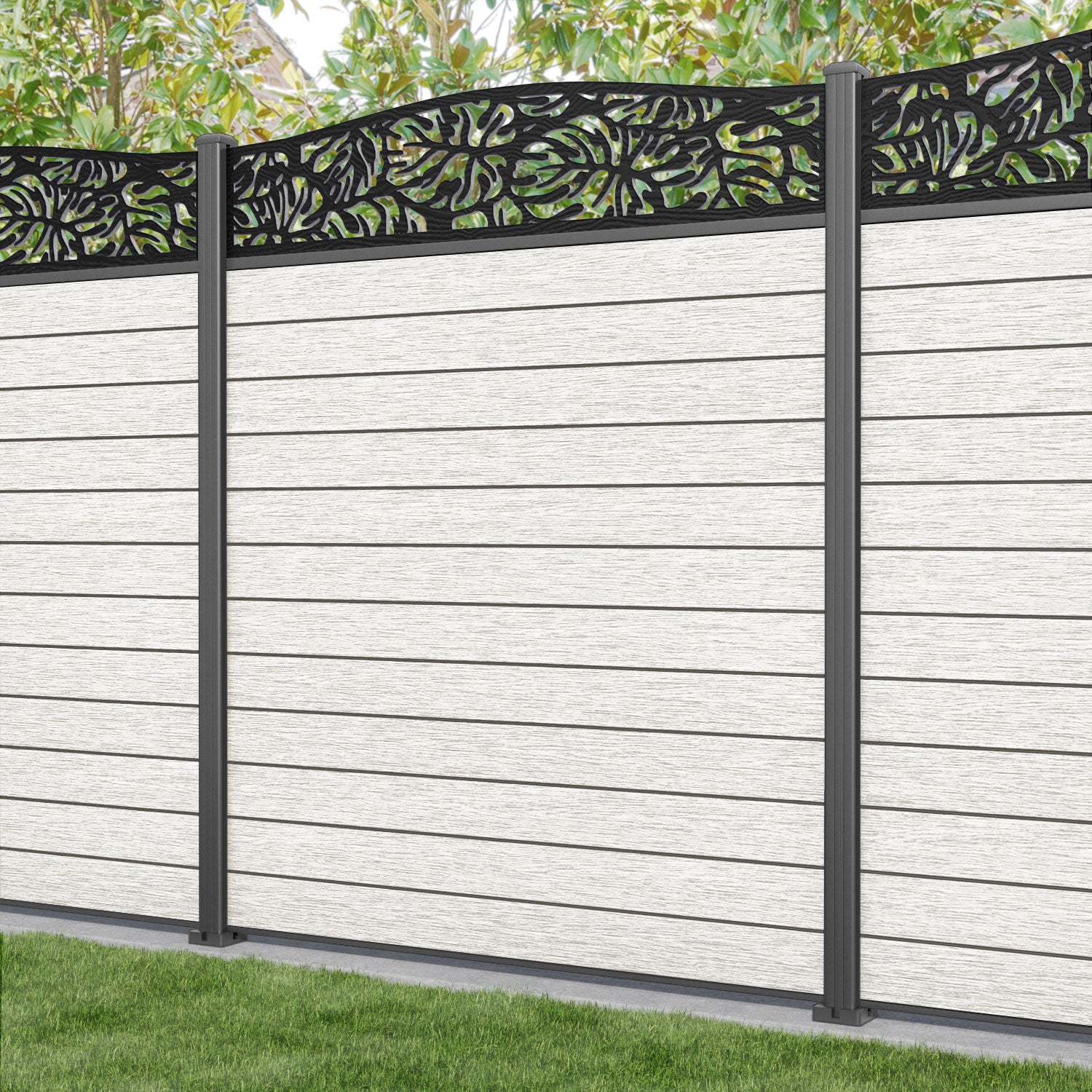 Fusion Botanic Curved Top Fence Panel - Light Stone - with our aluminium posts