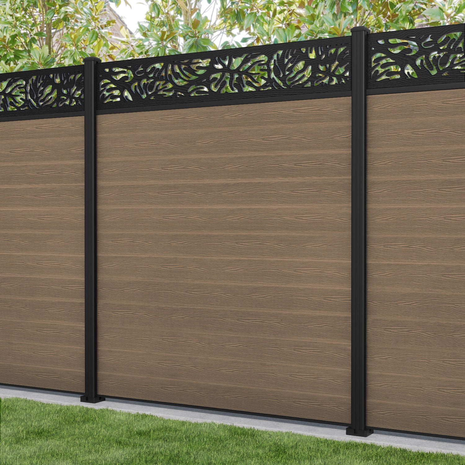 Classic Botanic Fence Panel - Teak - with our aluminium posts