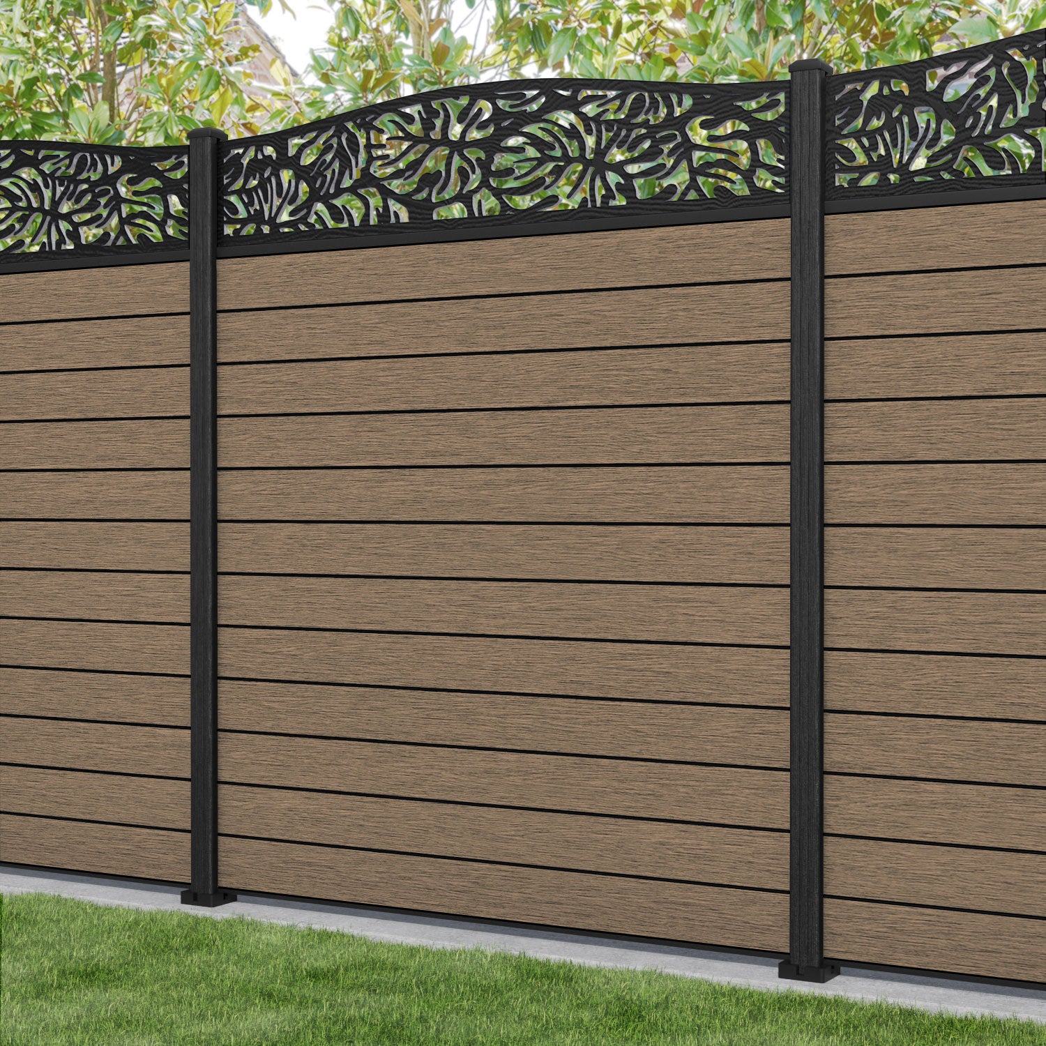 Fusion Botanic Curved Top Fence Panel - Teak - with our composite posts