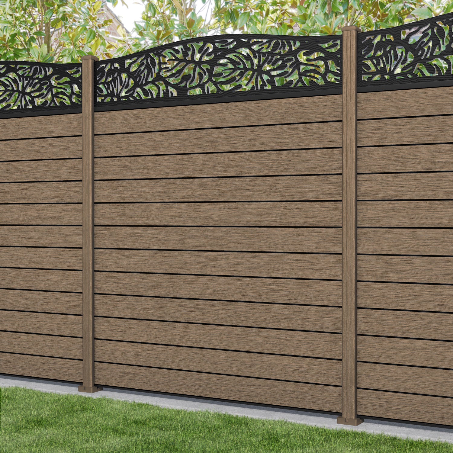 Fusion Botanic Curved Top Fence Panel - Teak - with our composite posts