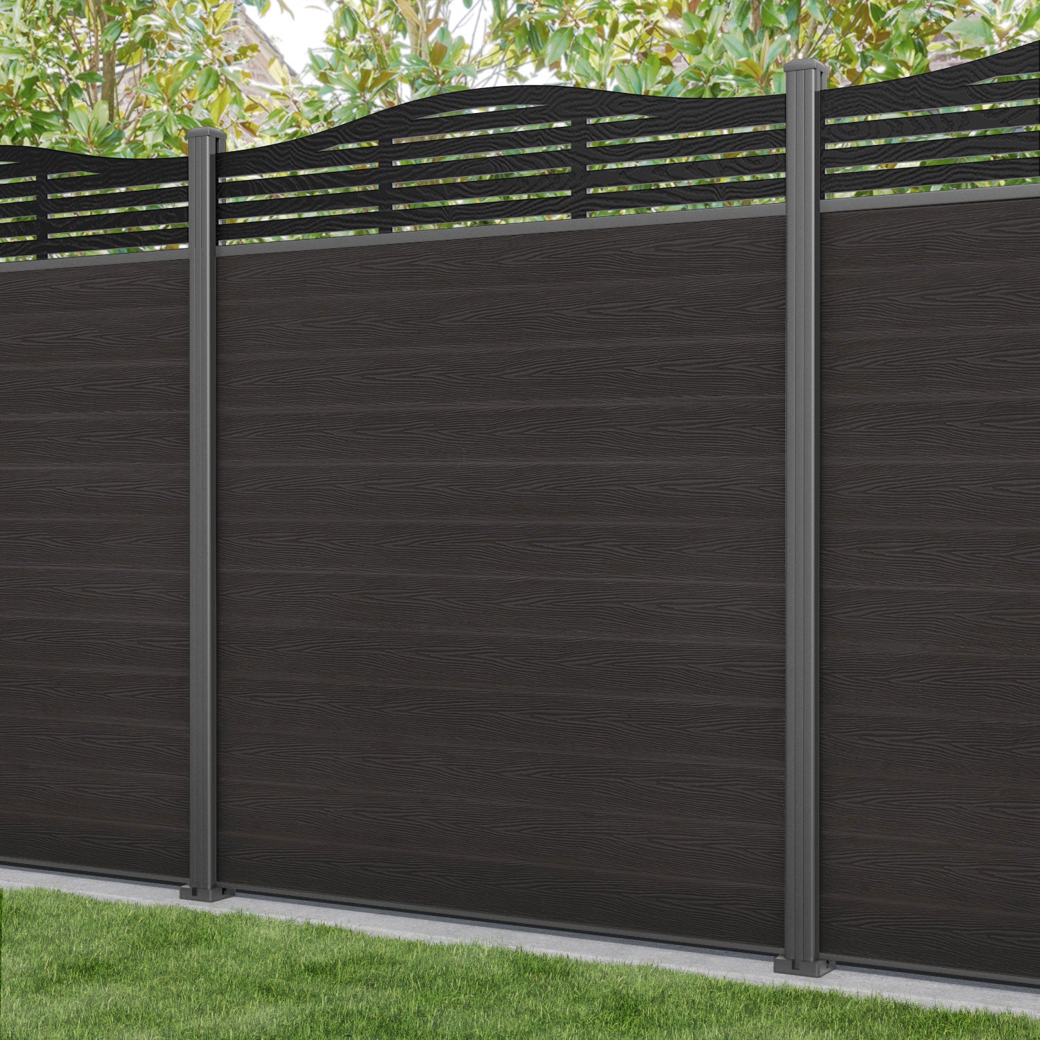Classic Aspen Curved Top Fence Panel - Dark Oak - with our aluminium posts