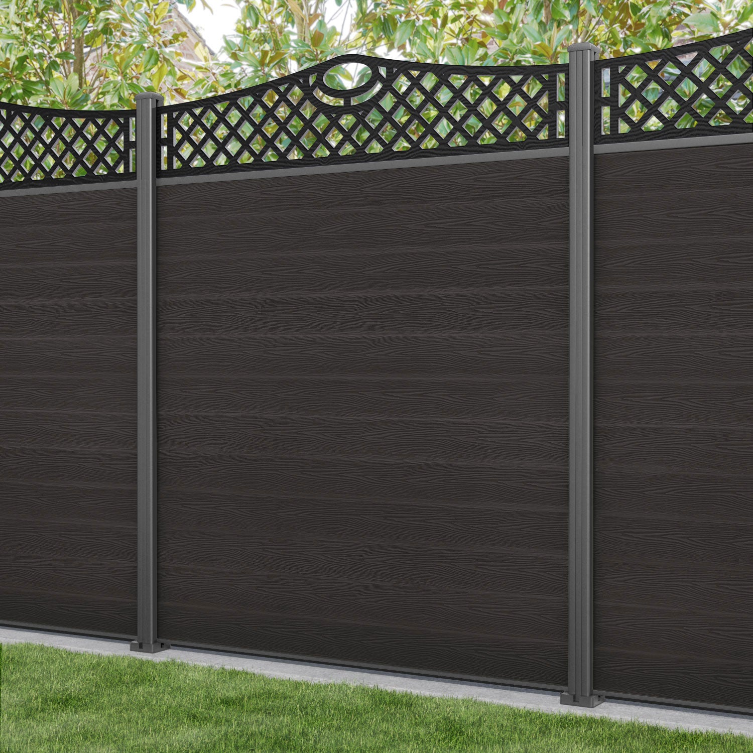 Classic Oxford Curved Top Fence Panel - Dark Oak - with our aluminium posts