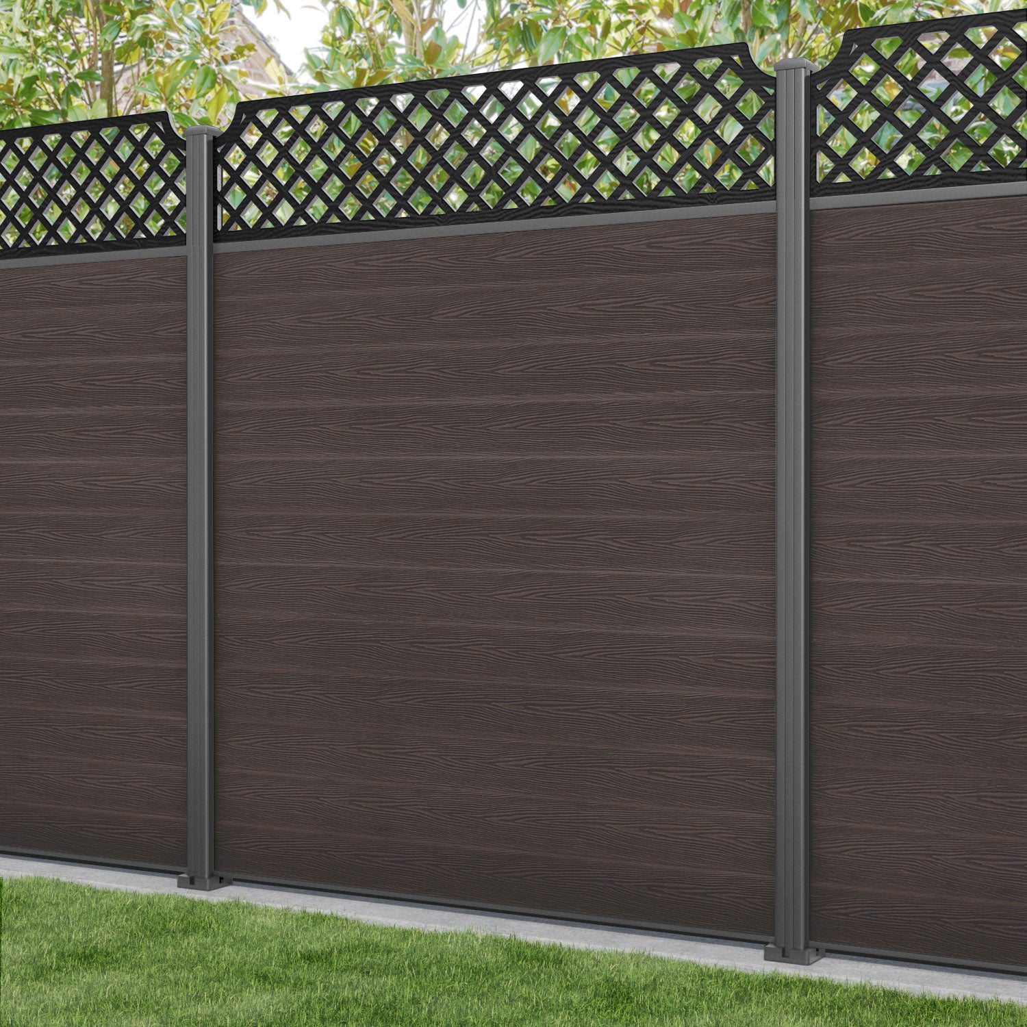 Classic Regal Hive Fence Panel - Mid Brown - with our aluminium posts