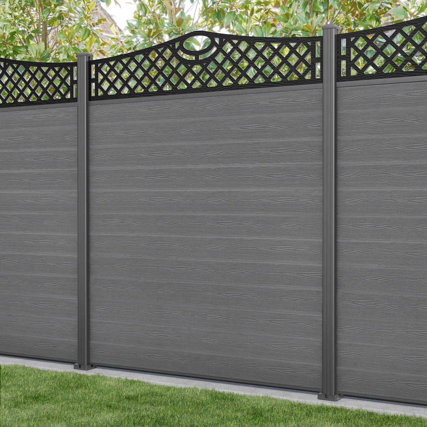 Classic Oxford Curved Top Fence Panel - Mid Grey - with our aluminium posts