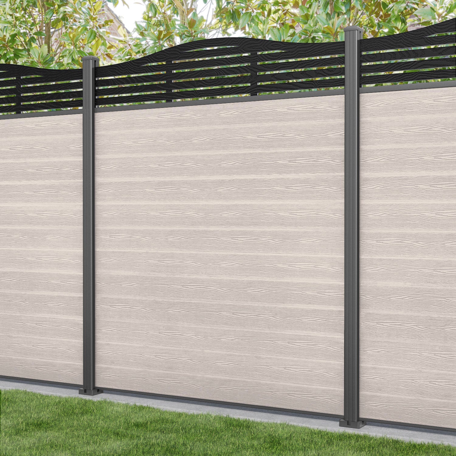 Classic Aspen Curved Top Fence Panel - Mid Stone - with our aluminium posts