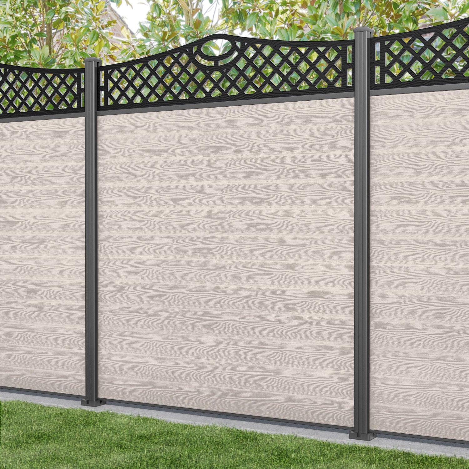Classic Oxford Curved Top Fence Panel - Mid Stone - with our aluminium posts