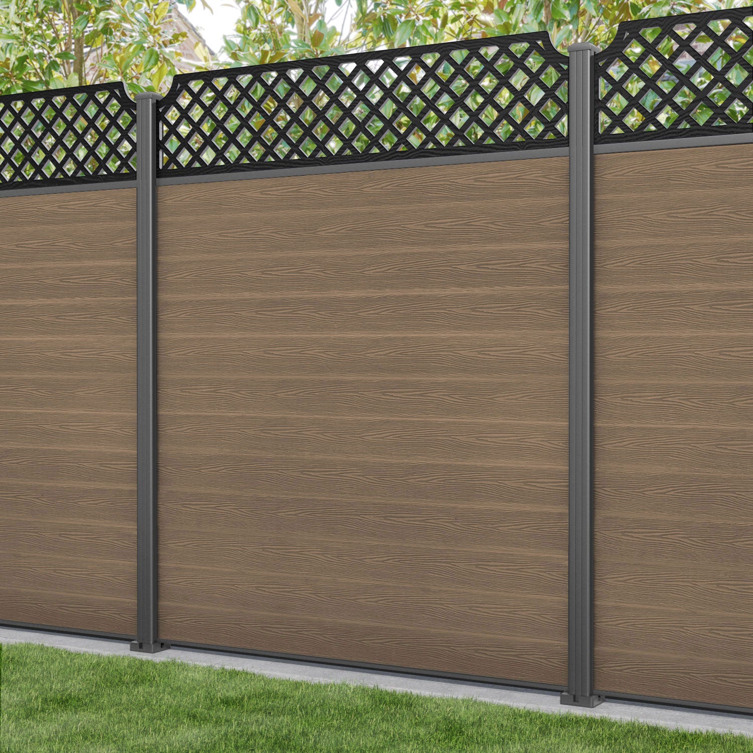 Classic Regal Hive Fence Panel - Teak - with our aluminium posts
