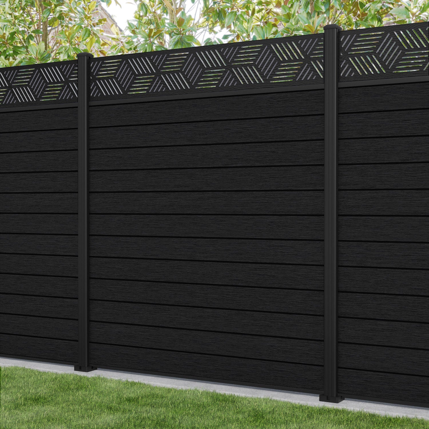 Fusion Cubed Fence Panel - Black - with our aluminium posts