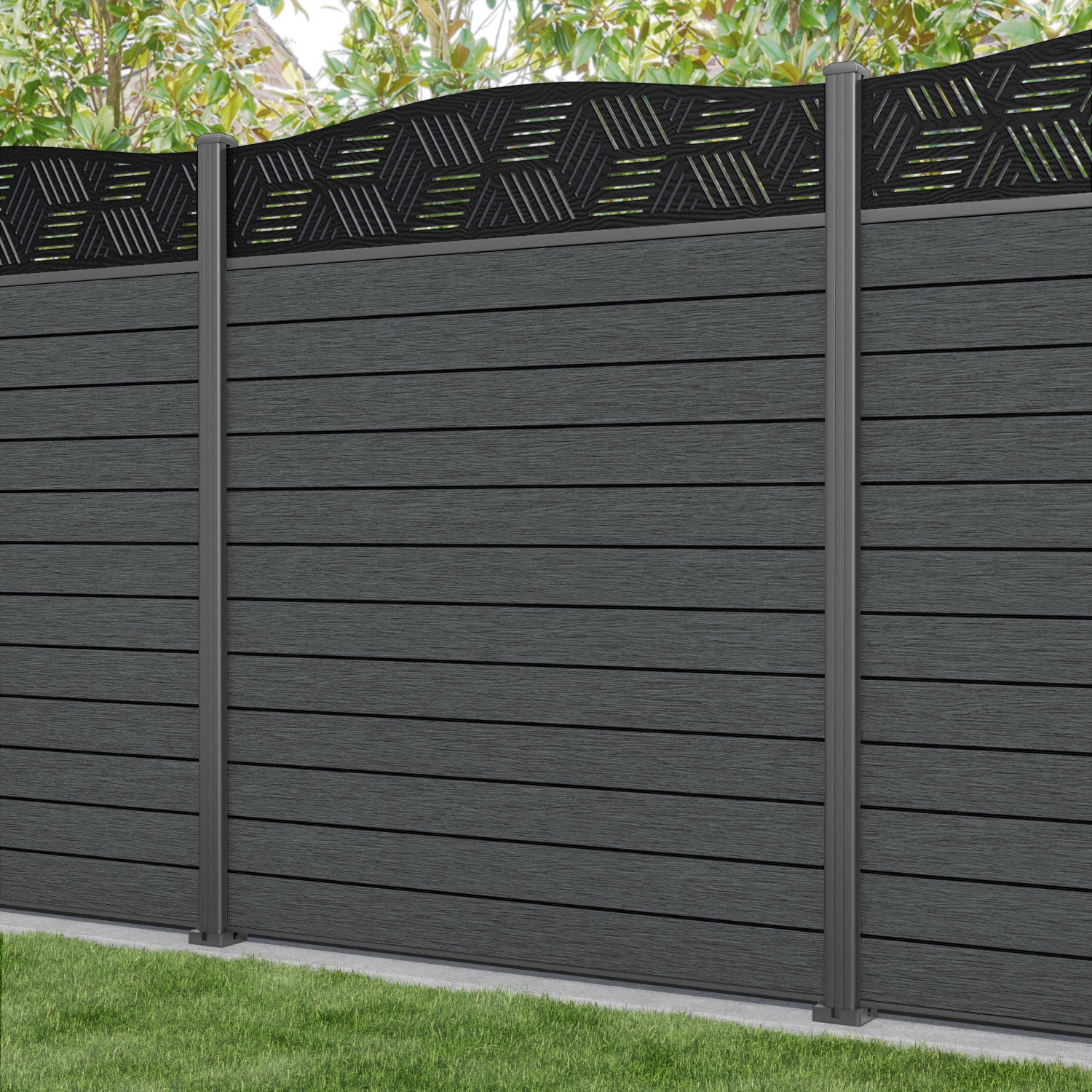 Fusion Cubed Curved Top Fence Panel - Dark Grey - with our aluminium posts