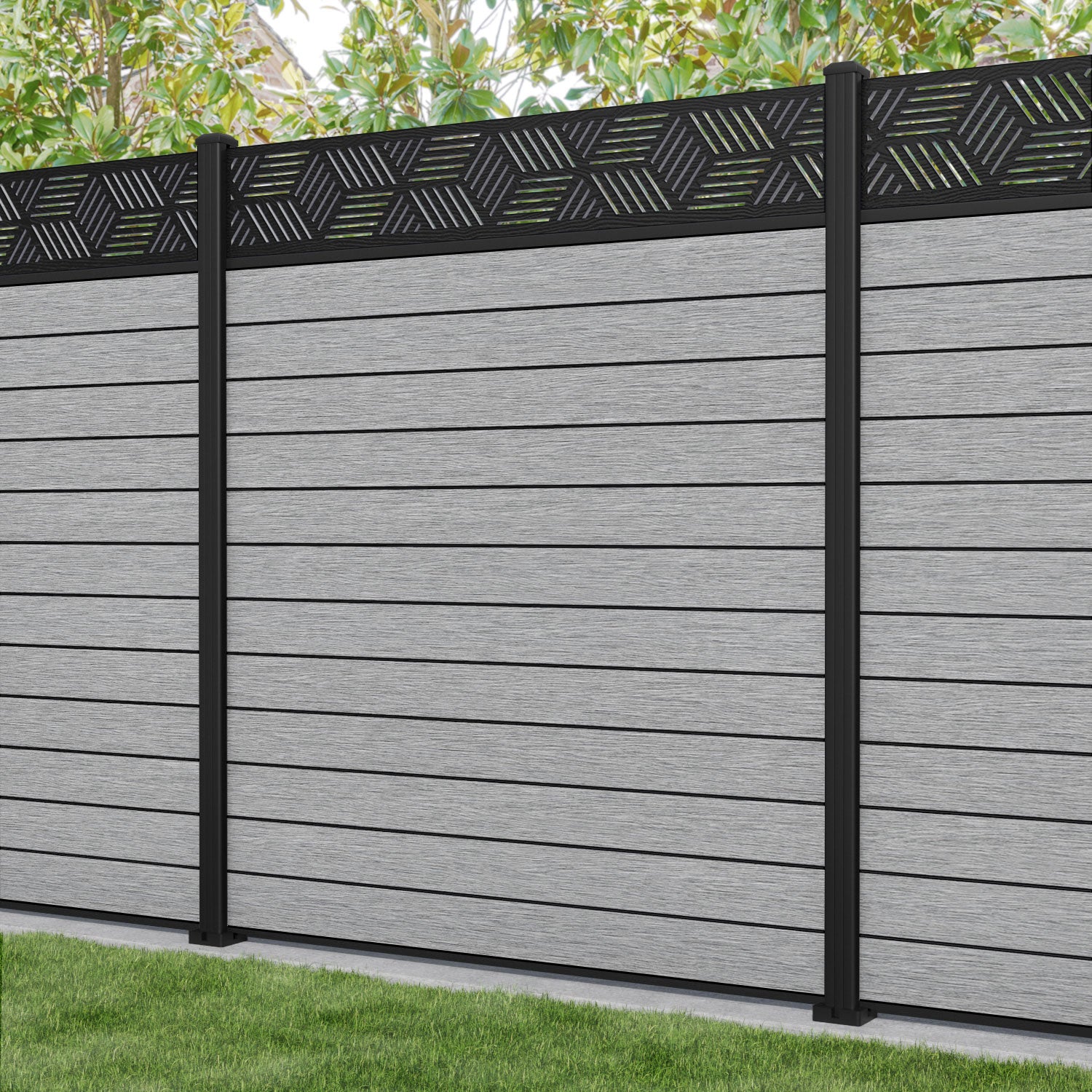 Fusion Cubed Fence Panel - Light Grey - with our aluminium posts