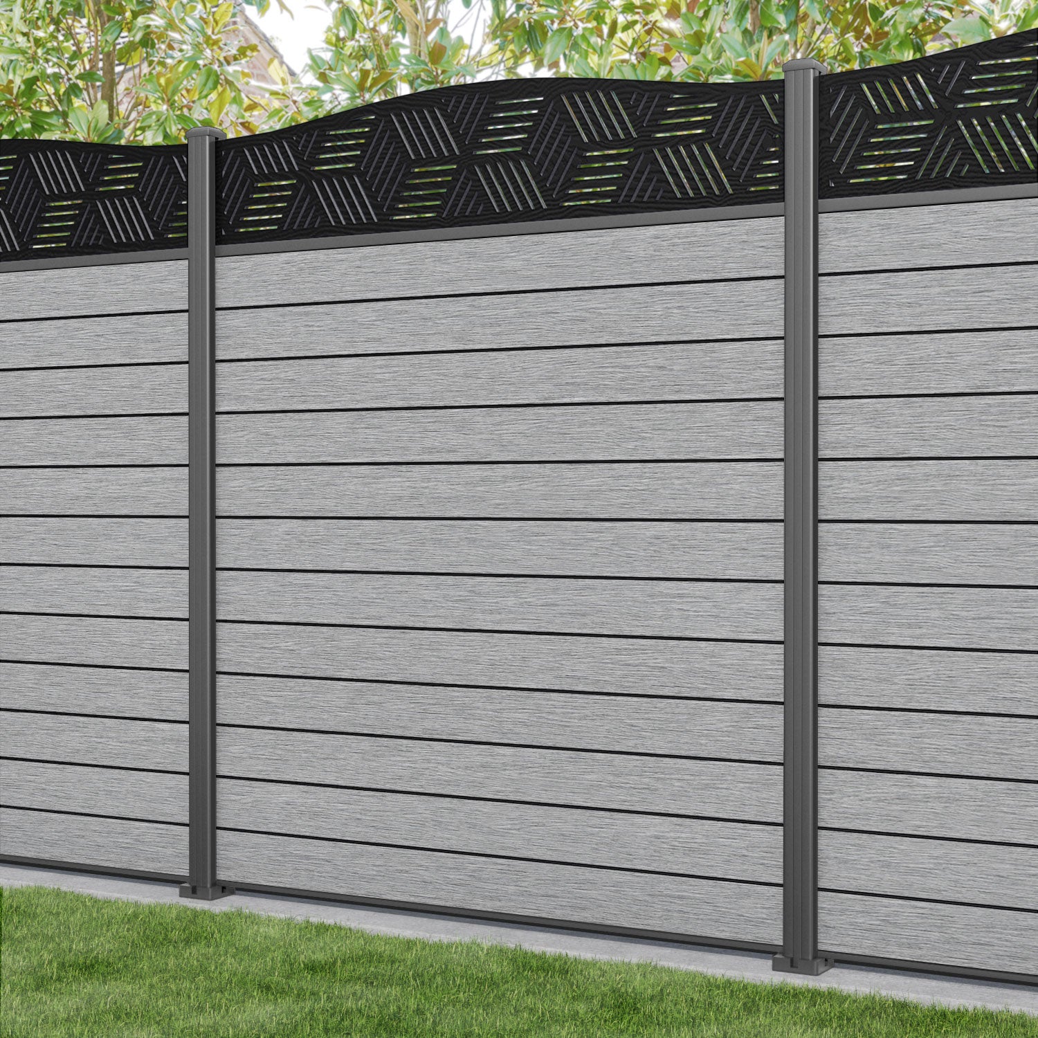 Fusion Cubed Curved Top Fence Panel - Light Grey - with our aluminium posts