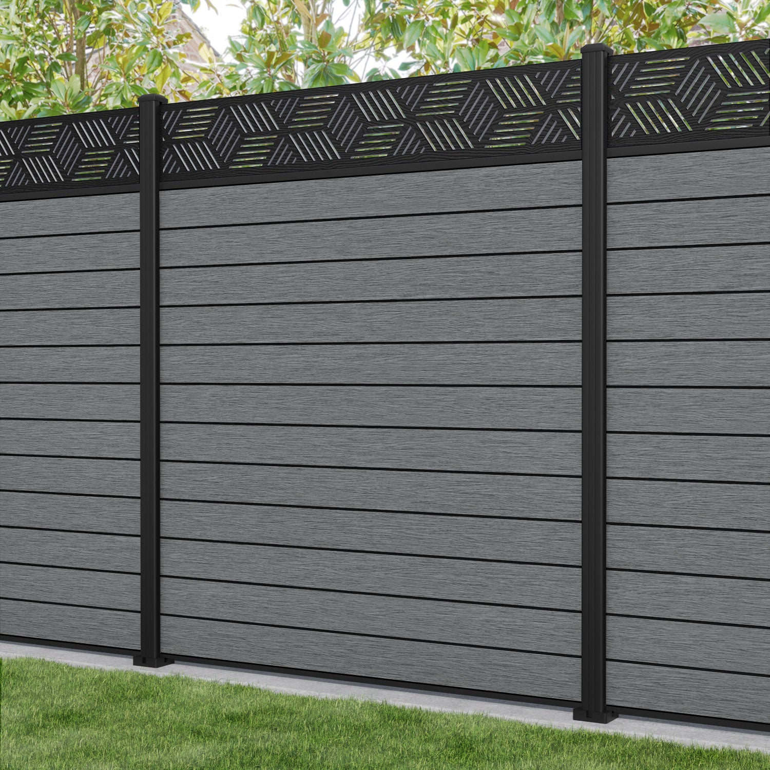 Fusion Cubed Fence Panel - Mid Grey - with our aluminium posts