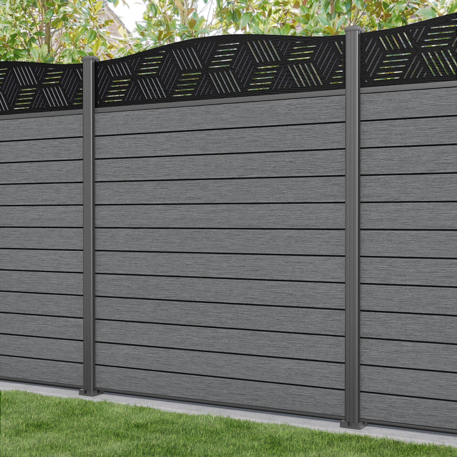 Fusion Cubed Curved Top Fence Panel - Mid Grey - with our aluminium posts