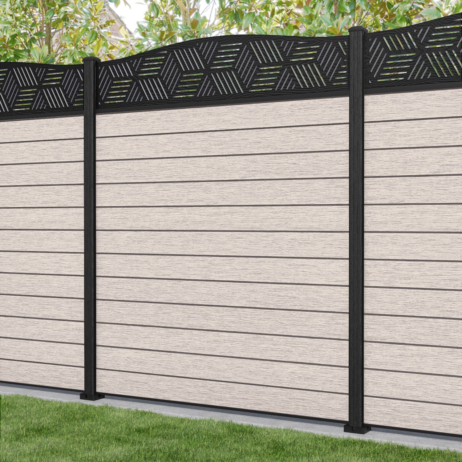 Fusion Cubed Curved Top Fence Panel - Mid Stone - with our composite posts
