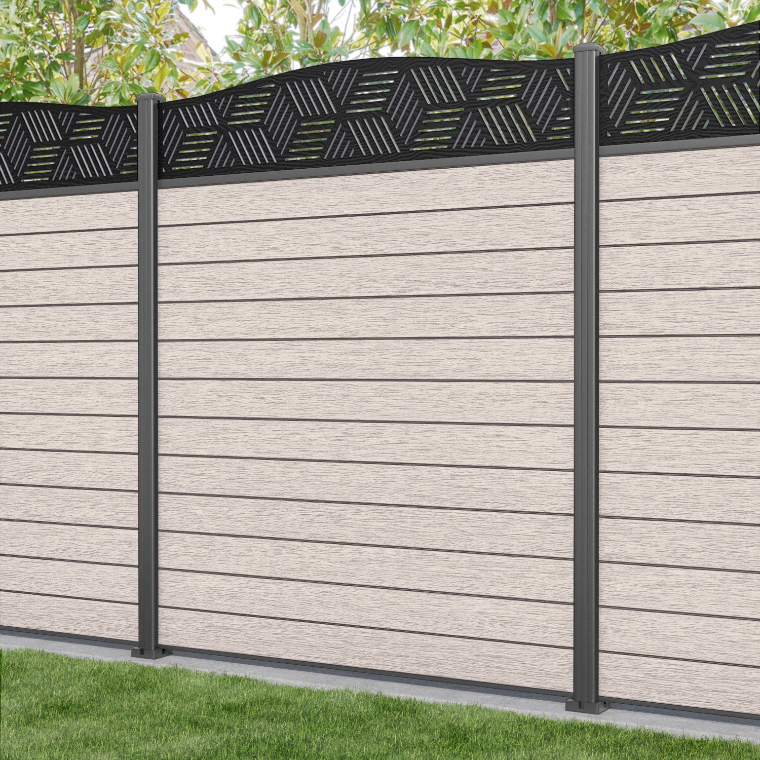 Fusion Cubed Curved Top Fence Panel - Mid Stone - with our aluminium posts
