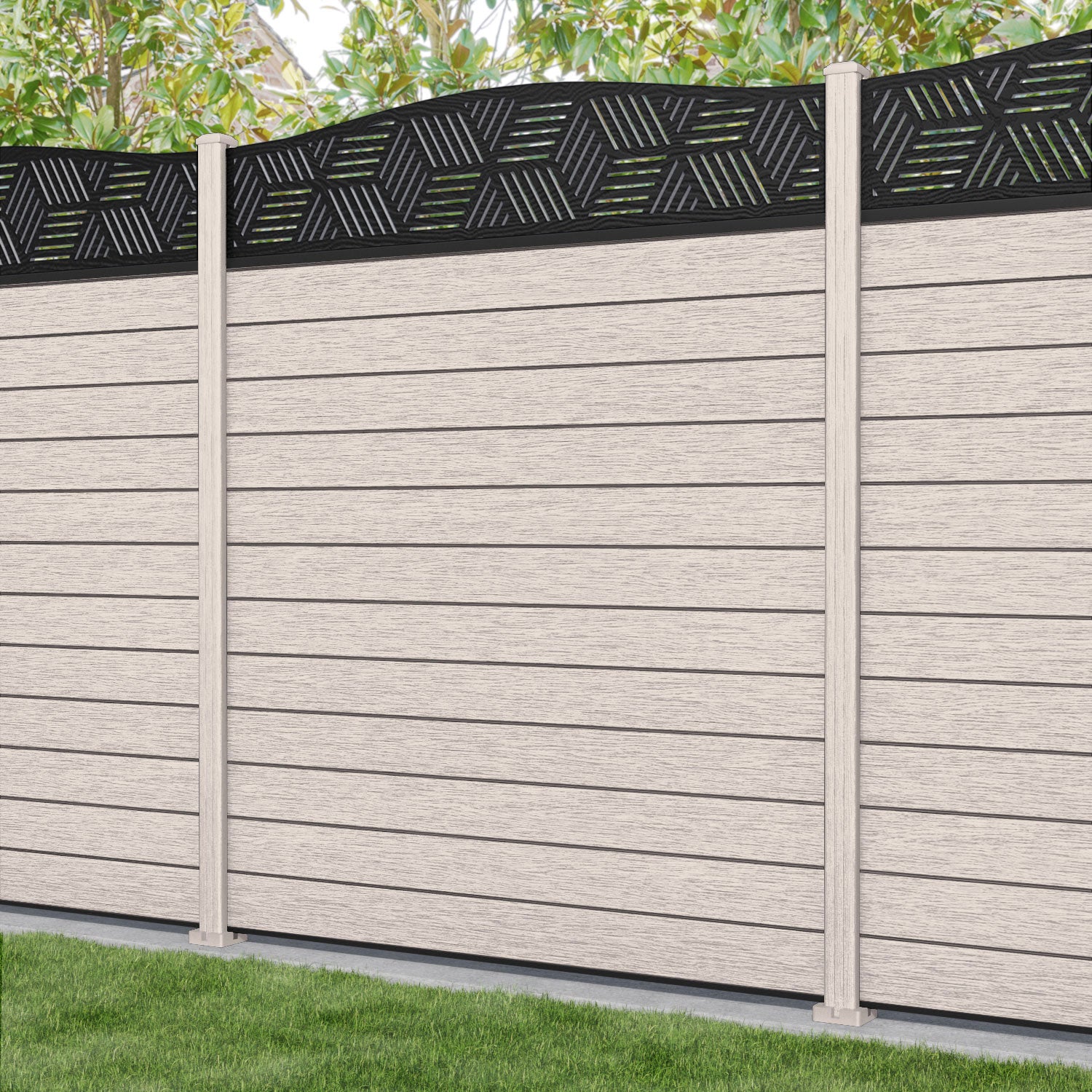 Fusion Cubed Curved Top Fence Panel - Mid Stone - with our composite posts