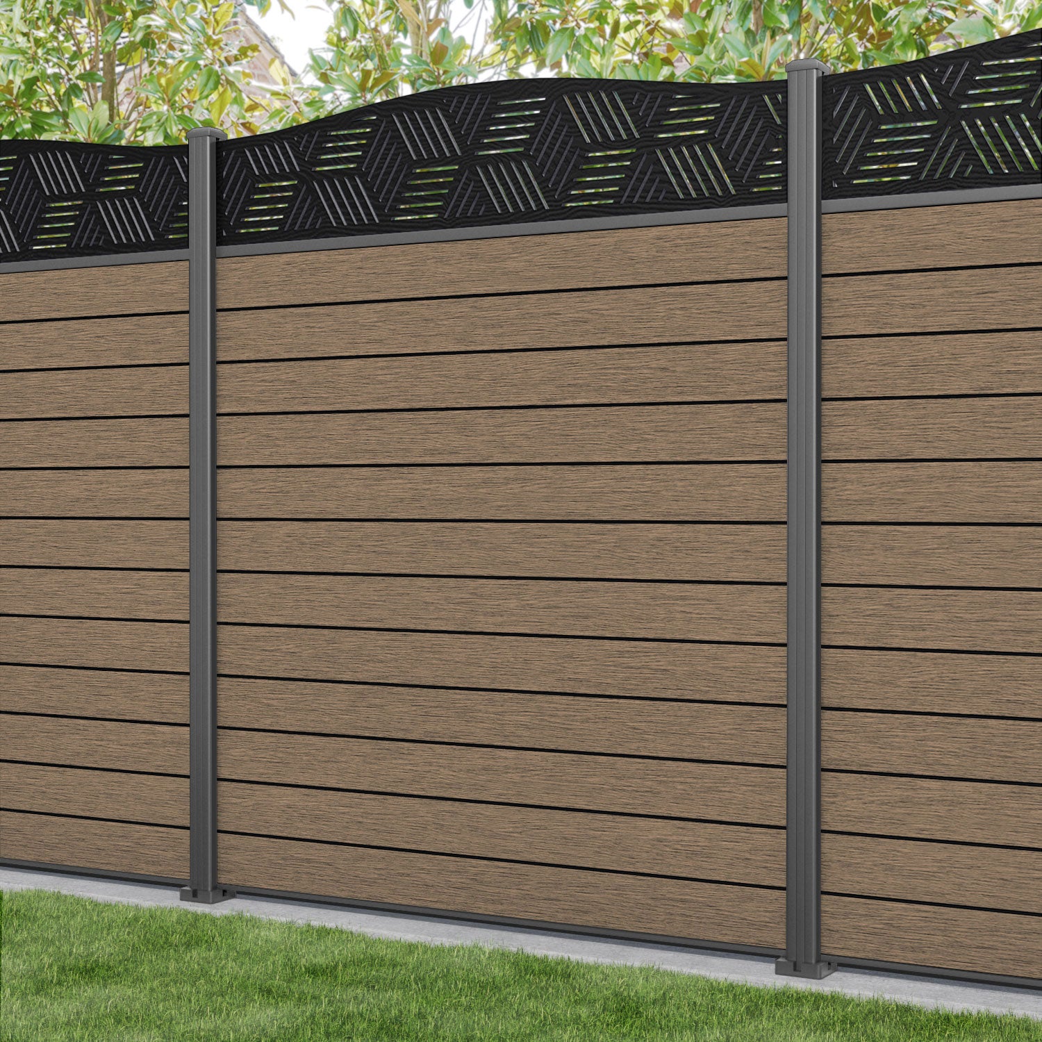 Fusion Cubed Curved Top Fence Panel - Teak - with our aluminium posts