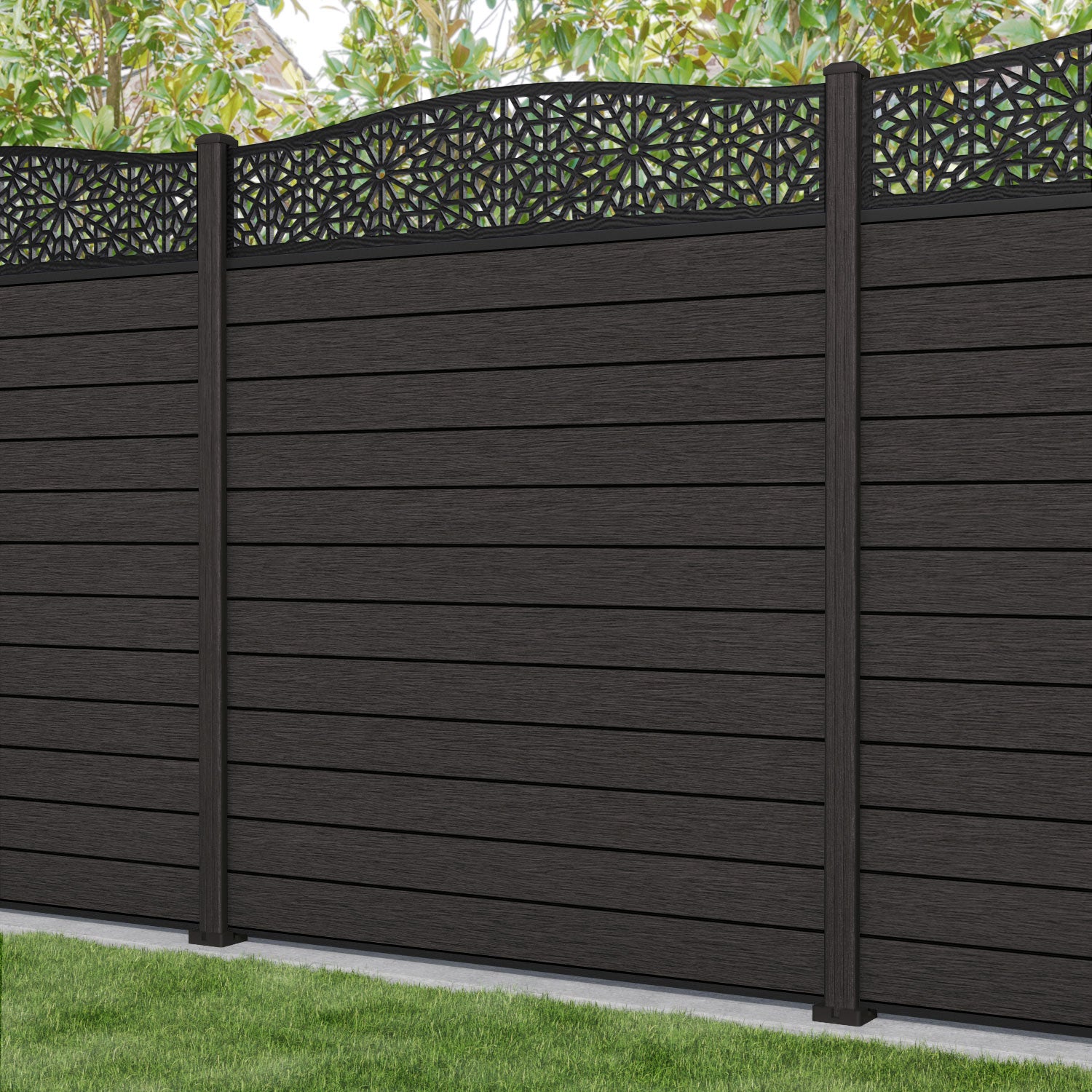 Fusion Alnara Curved Top Fence Panel - Dark Oak - with our composite posts