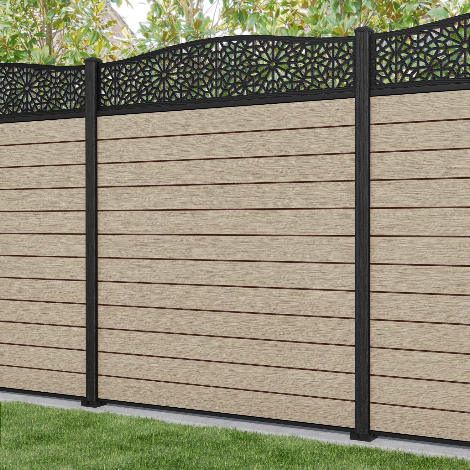 Fusion Alnara Curved Top Fence Panel - Light Oak - with our composite posts