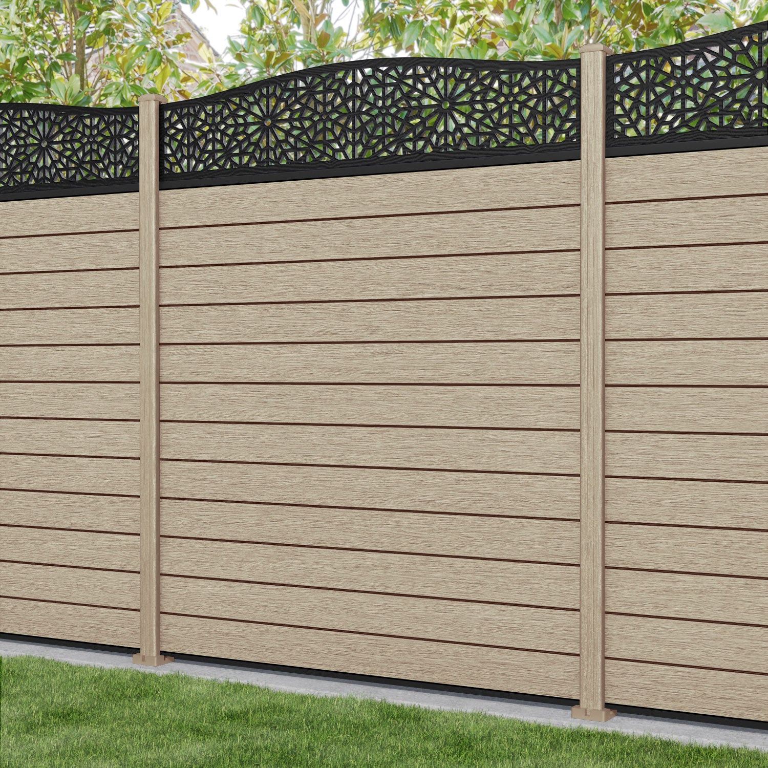 Fusion Alnara Curved Top Fence Panel - Light Oak - with our composite posts