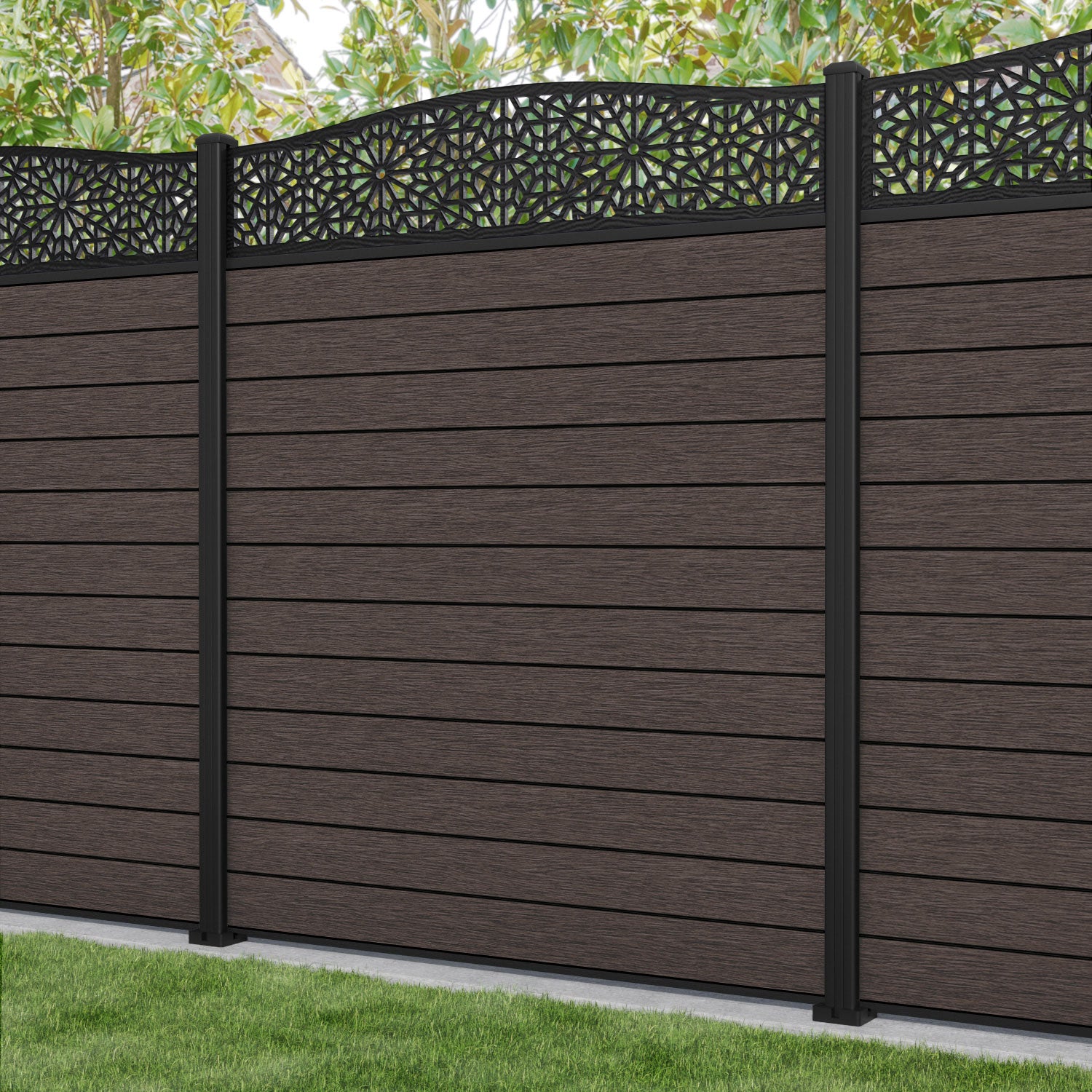 Fusion Alnara Curved Top Fence Panel - Mid Brown - with our aluminium posts