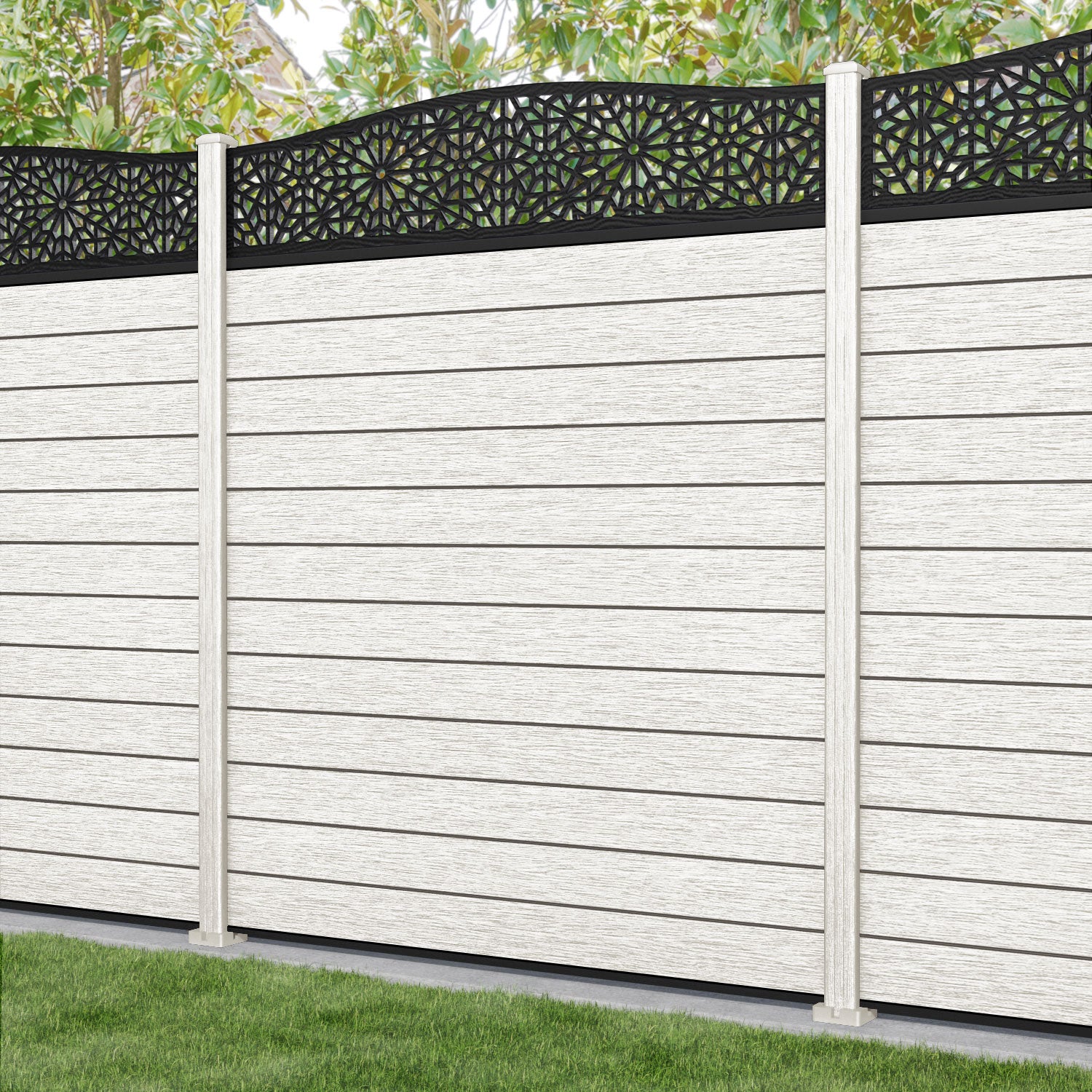 Fusion Alnara Curved Top Fence Panel - Light Stone - with our composite posts