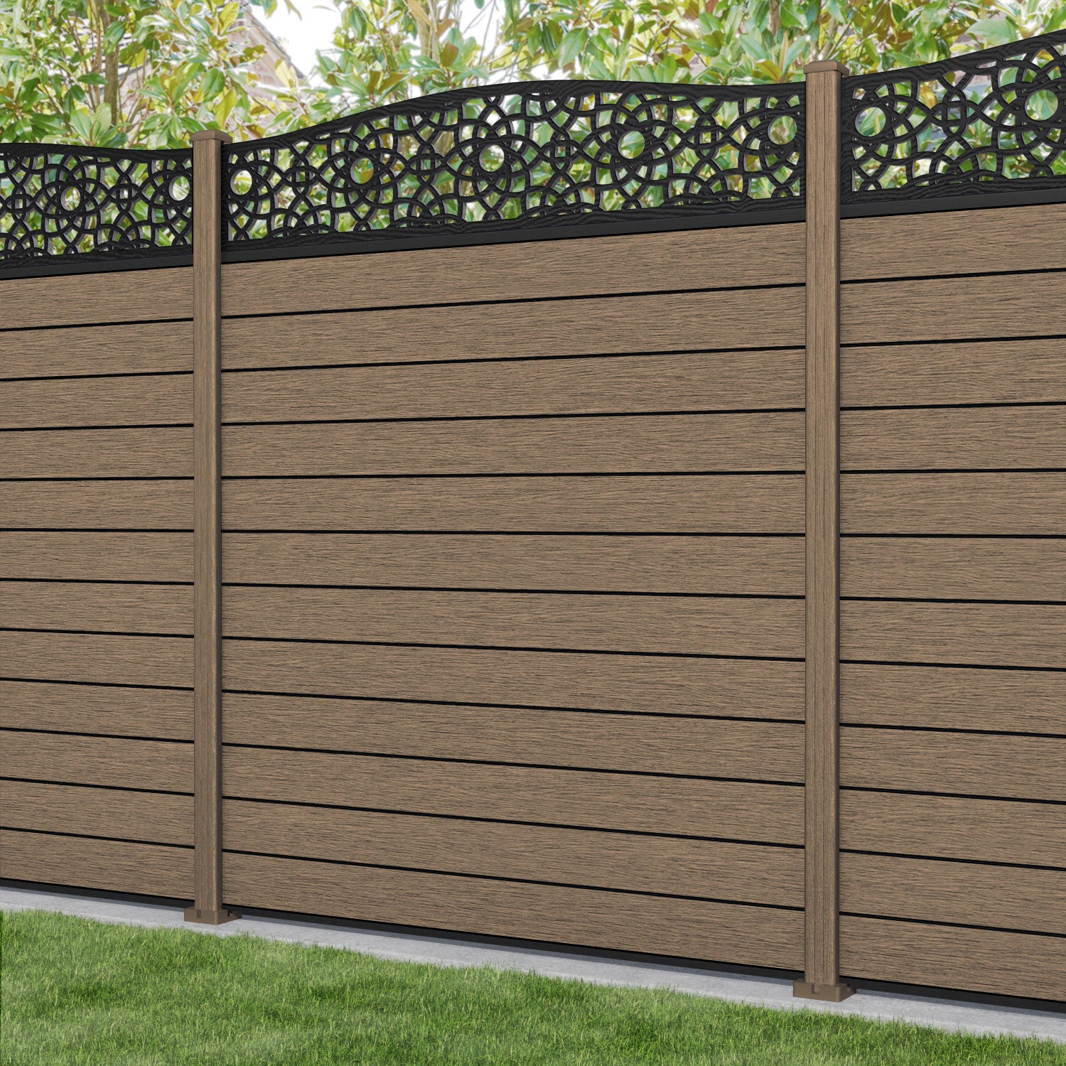 Fusion Ambar Curved Top Fence Panel - Teak - with our composite posts