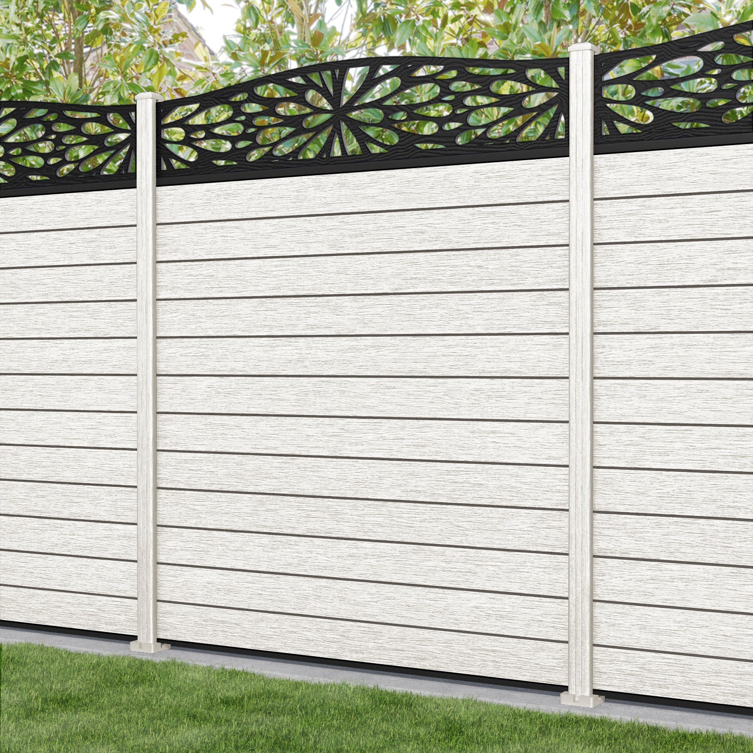 Fusion Blossom Curved Top Fence Panel - Light Stone - with our composite posts